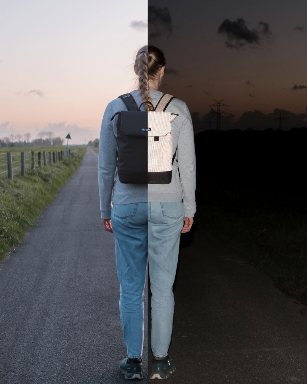 Ela Mo™ Daypack Rucksack | Black Reflective. Eine Frau am Tag und in der Nacht mit dem reflektierenden Rucksack.