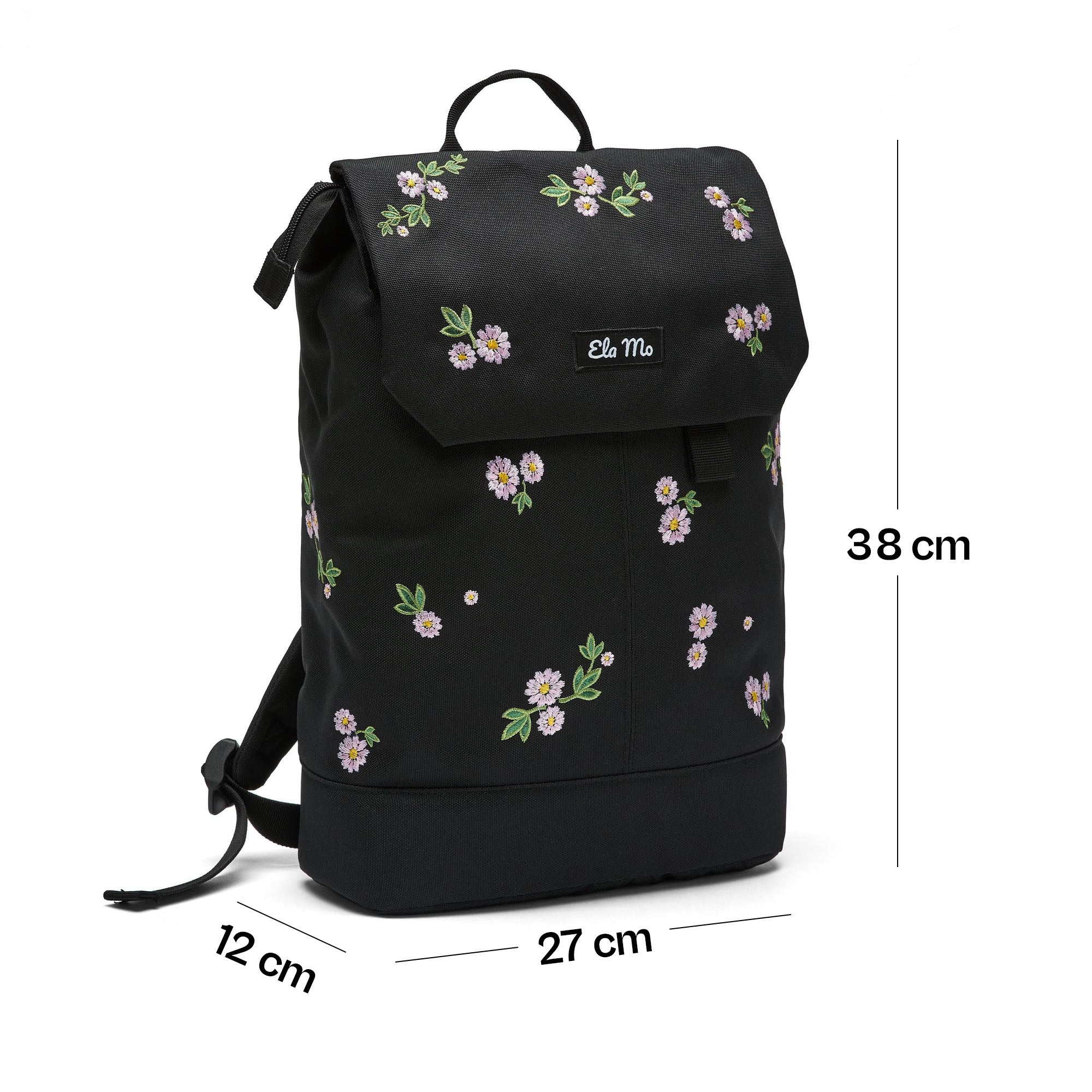 Ela Mo™ Daypack Rucksack | Embroidery Edition Upsy Daisy. Rucksack mit Maßangaben auf weißem Hintergrund.