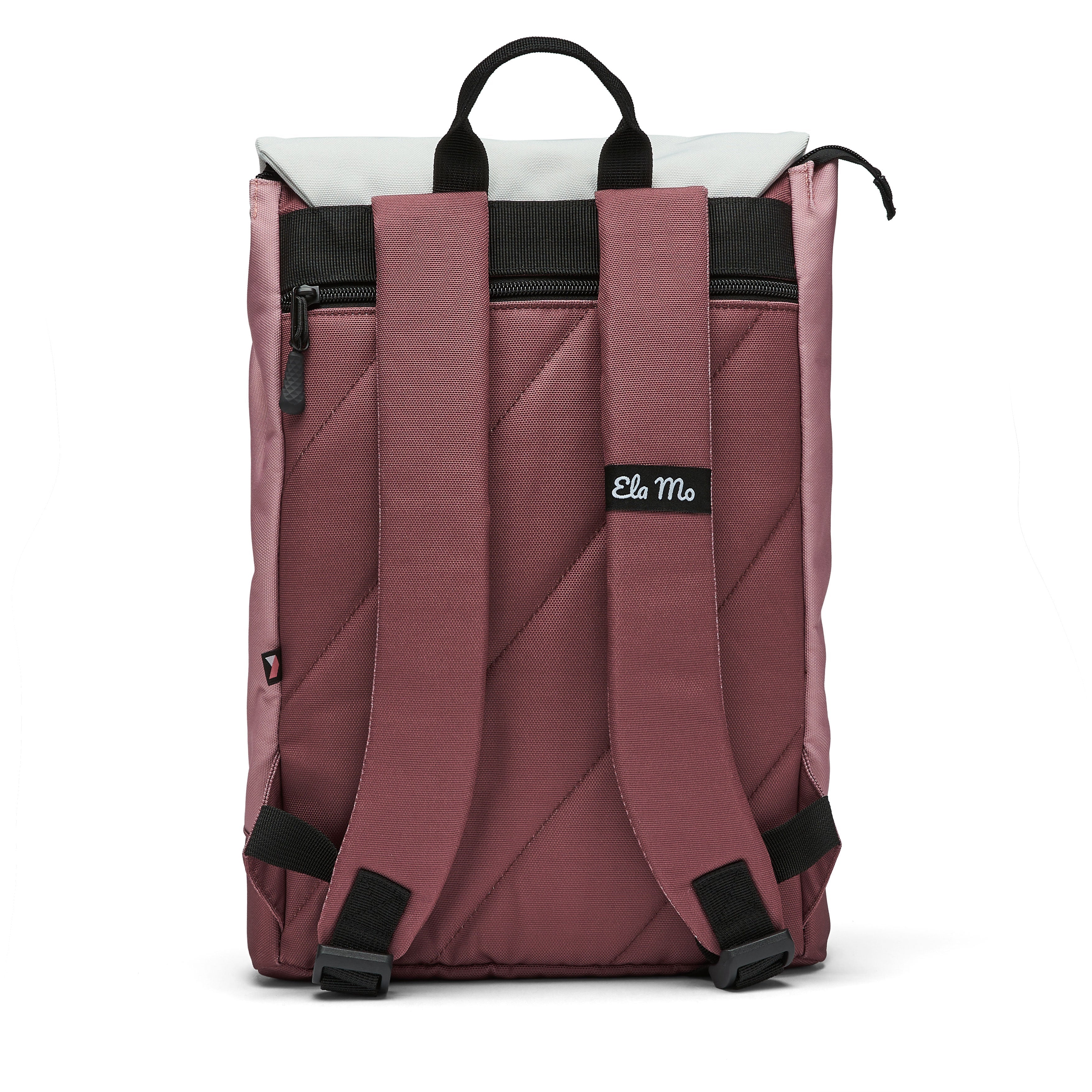 Ela Mo™ Daypack Rucksack | Strawberry Ceam. Rückseite des Rucksacks mit einem Außenfach hinten und bequemen Schulterriemen.