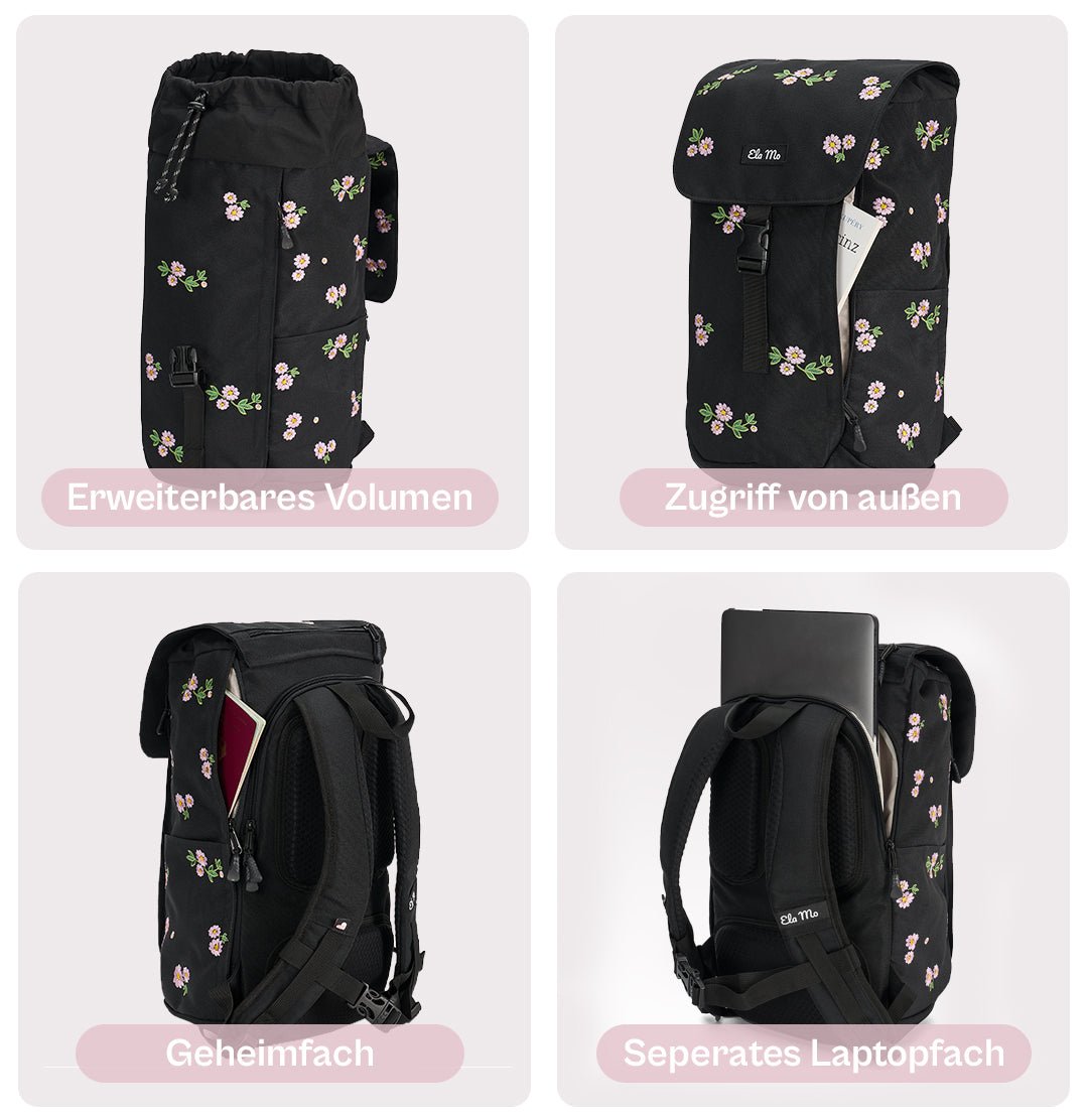 Ela Mo™ Everywhere Daypack | Embroidery Edition Upsy Daisy. Ein schwarzer geblümter Rucksack mit vielen praktischen Fächern.