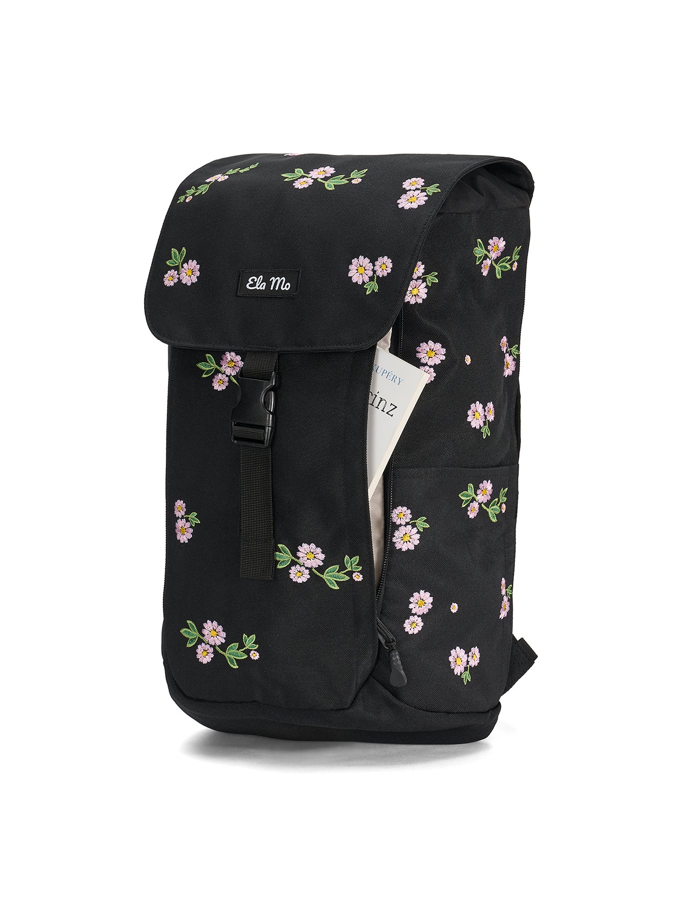 Ela Mo™ Everywhere Daypack | Embroidery Edition Upsy Daisy.Schwarz geblümter Rucksack mit Außenfach und Reißverschlusszugang