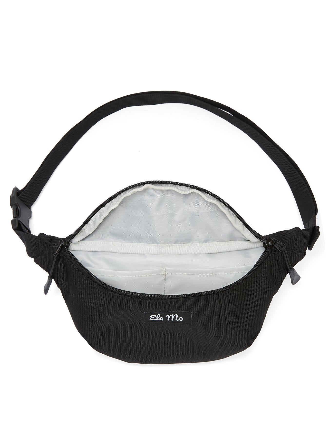 Ela Mo™ Hipbag | Schwarz, geöffnet – Innenbereich mit zwei kleinen Fächern.