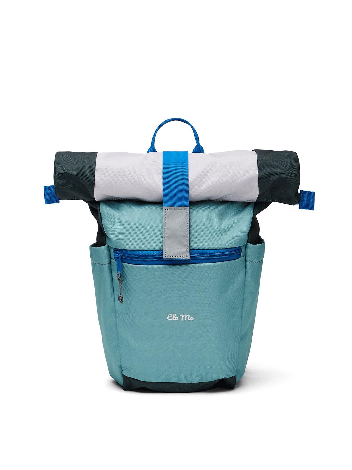 Ela Mo™ Kinderrucksack (6-10 Jahre) | Blue Mint. Ein blauer Rucksack mit Öffnungsmöglichkeiten auf weißem Hintergrund.