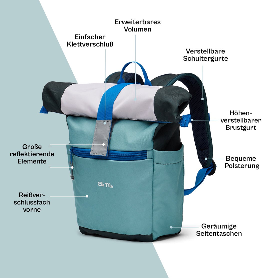Ela Mo™ Kinderrucksack (6-10 Jahre) | Blue Mint. Ein blauer Rucksack mit vielen praktischen Tipps zur Anwendung.