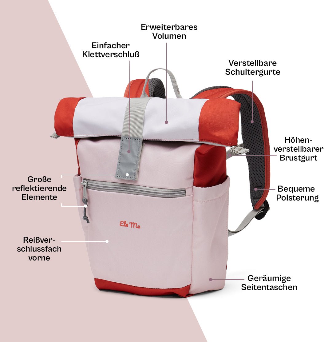 Ela Mo™ Kinderrucksack (6-10 Jahre) | Cotton Candy. Rucksack in Rosa mit vielen praktischen Details als Anleitung.