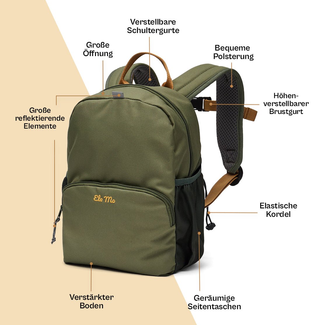 Ela Mo™ Kinderrucksack (3-6 Jahre) | Forrest Green. Anleitung zum grünen Rucksack mit vielen praktischen Details.