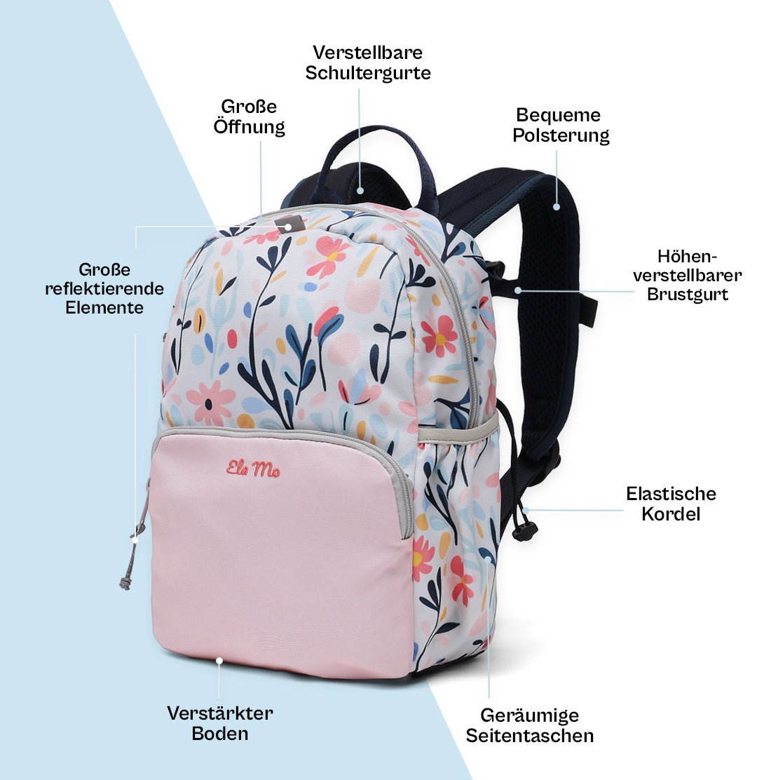 Ela Mo™ Kinderrucksack (3-6 Jahre) | Pastel Land.Ein Geblümter rosa Rucksack ist mit vielen praktischen Details ausgestattet.