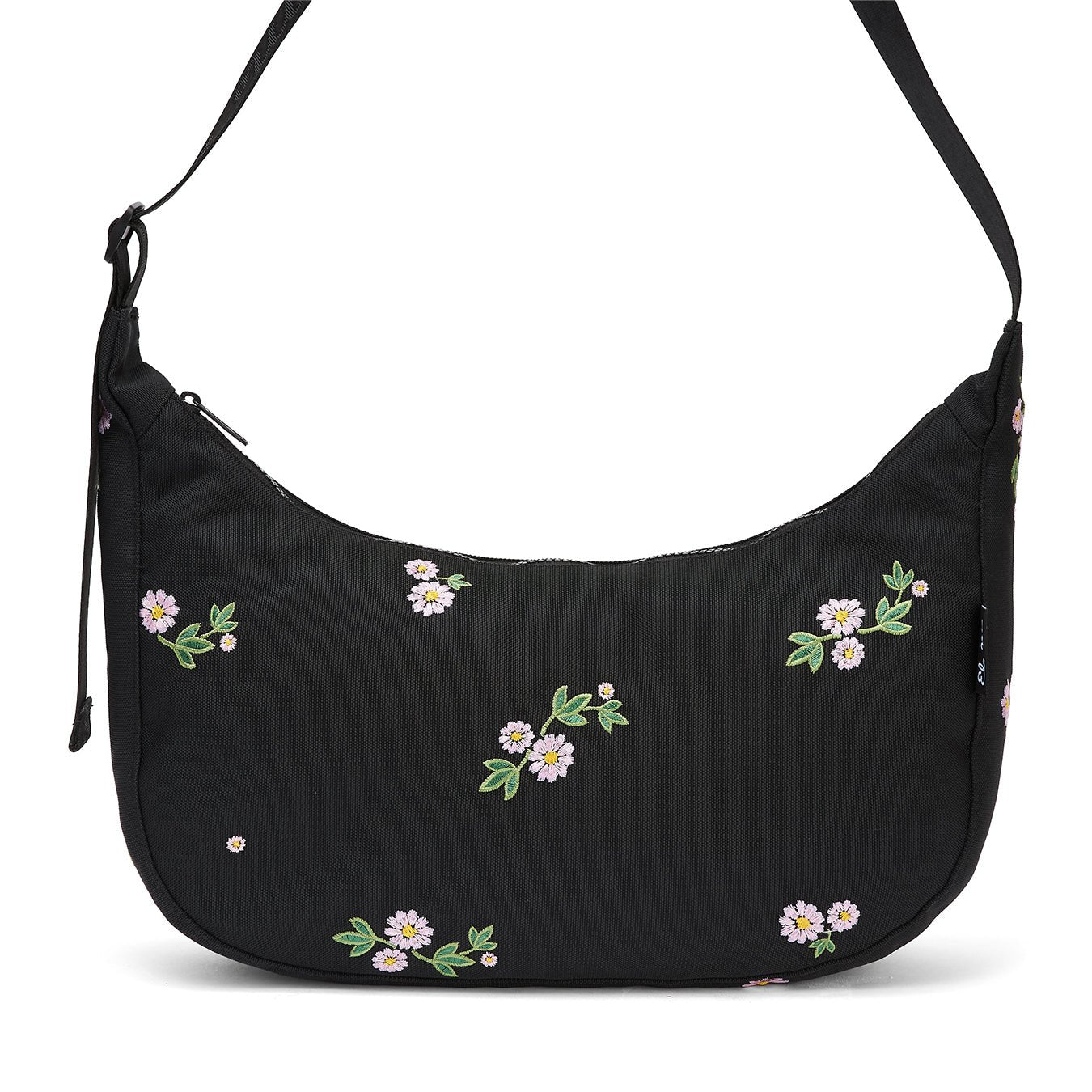 Ela Mo™ Moon Bag | Embroidery Edition Upsy Daisy. Vorderansicht der Umhängetasche mit verstellbarem Schulterriemen.