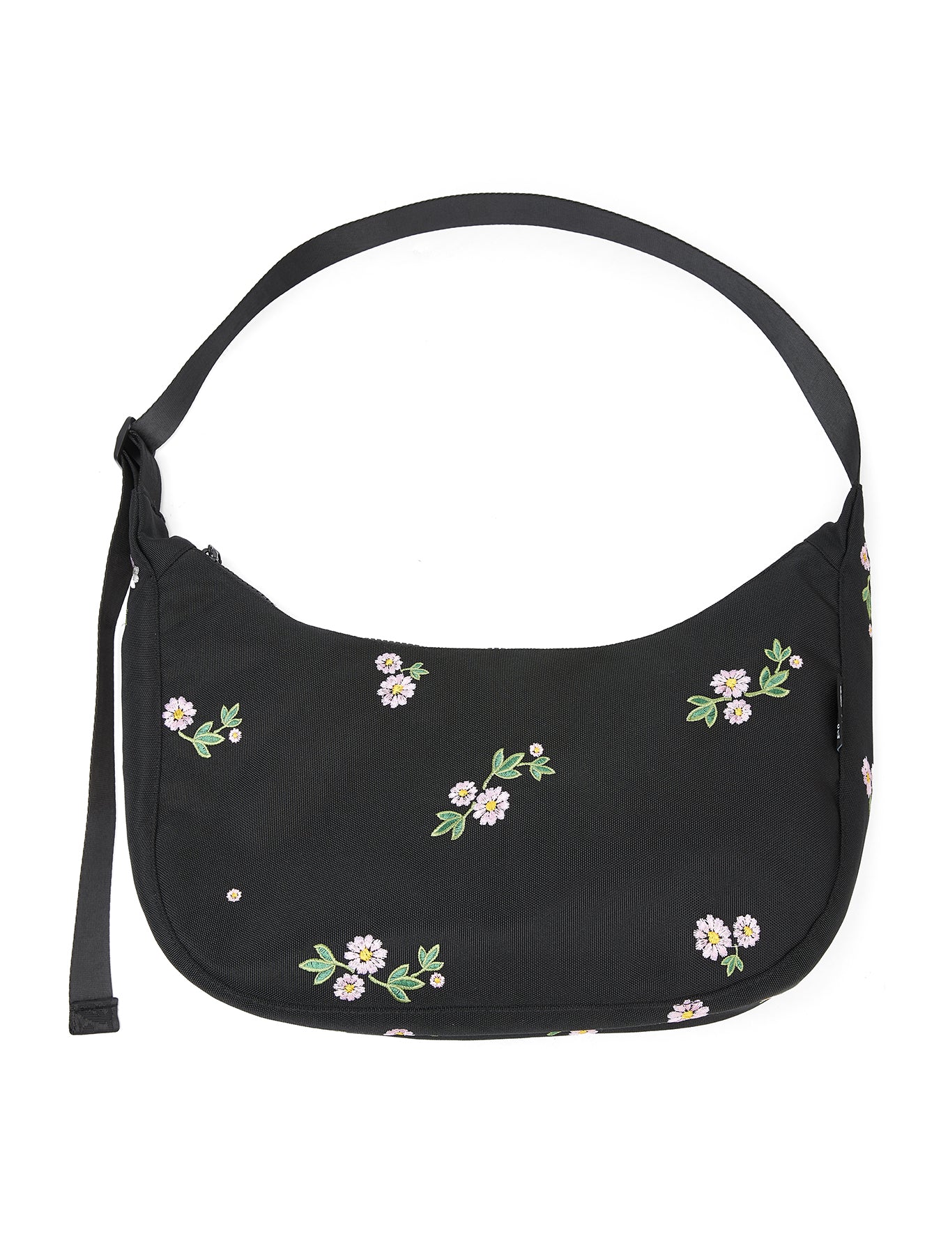 Ela Mo™ Moon Bag | Embroidery Edition Upsy Daisy. Schwarze, geblümte Umhängetasche mit Schulterriemen und Herstellerlogo.
