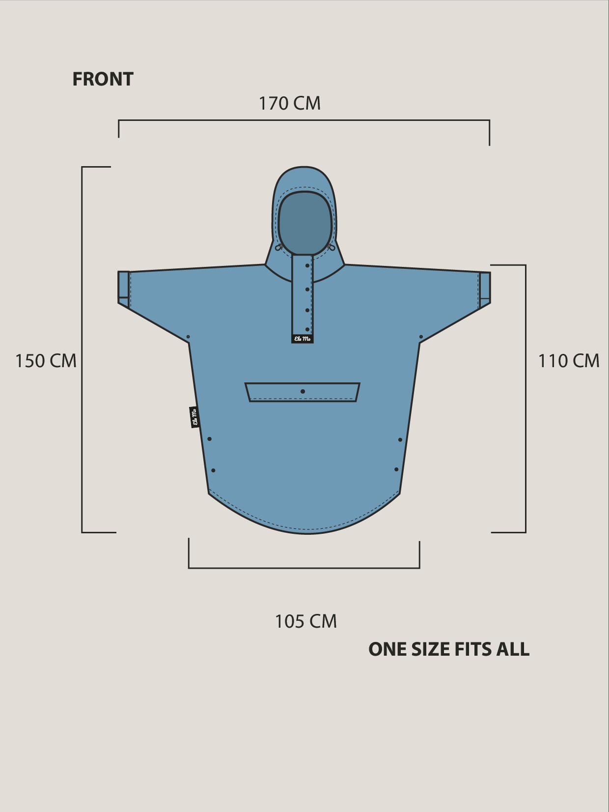 Ela Mo™ Regenponcho | Luxe. Ein Regenponcho mit Maßangaben.