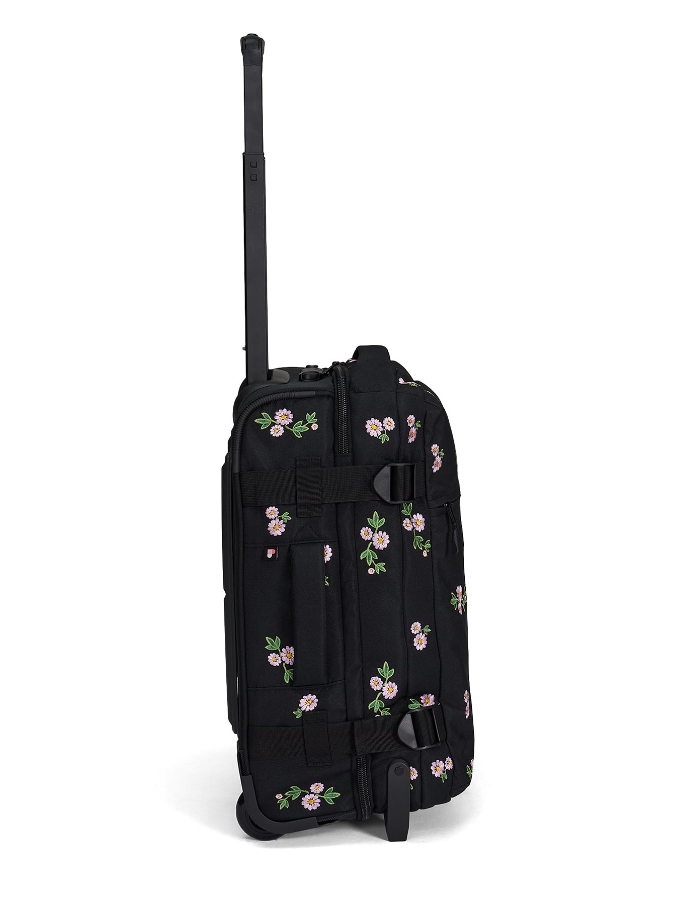 Ela Mo™ Reisetasche mit Rollen 42 Liter | Embroidery Edition Upsy Daisy. Linke Seite der floral gemusterten Tasche.