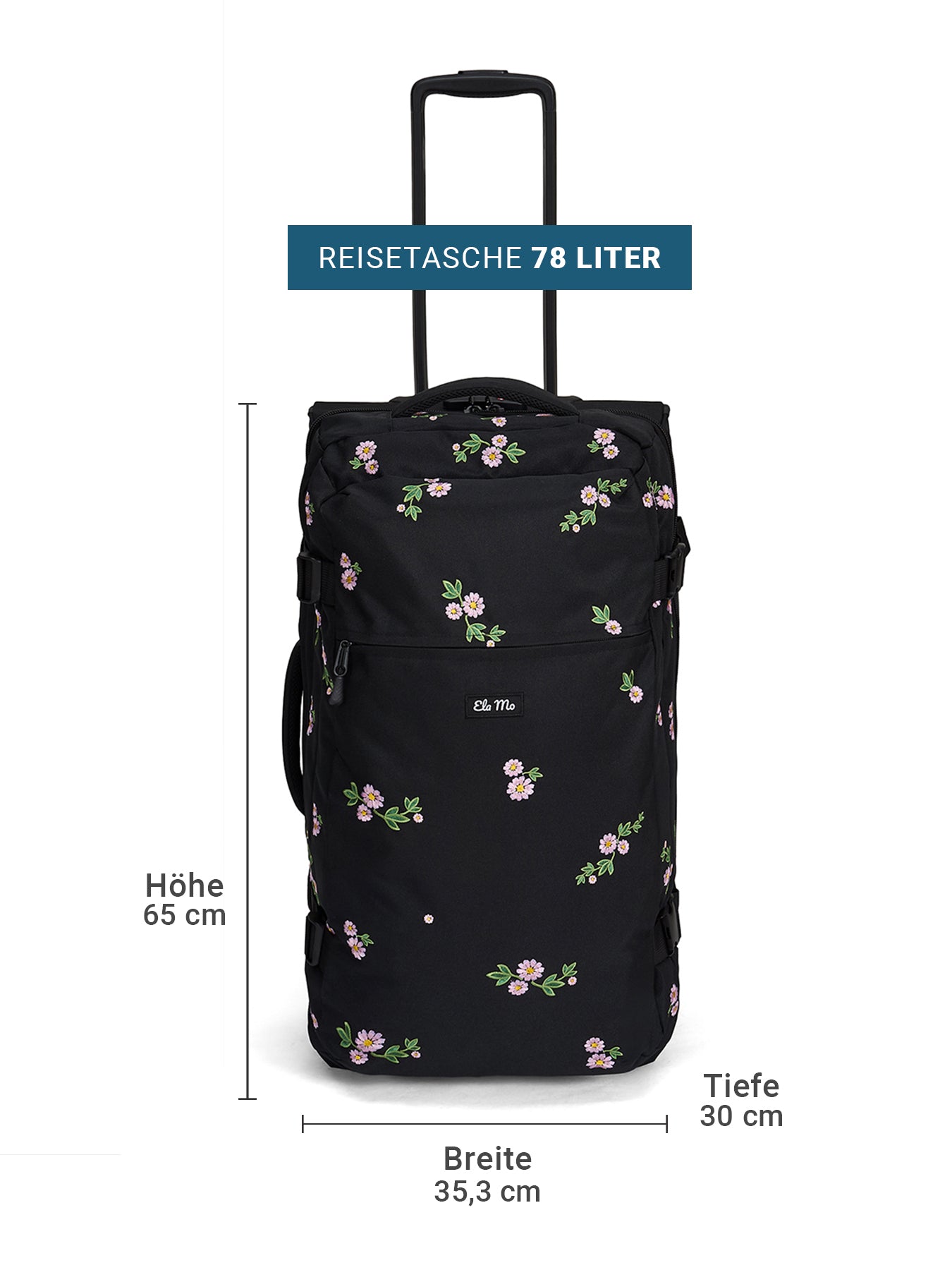 Ela Mo™ Reisetasche mit Rollen 78 Liter | Embroidery Edition Upsy Daisy. Schwarze, geblümte Tasche mit Maßangaben.