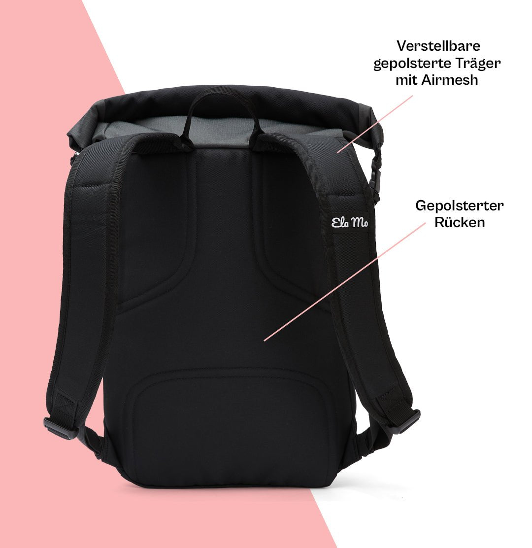 Ela Mo™ Rolltop Lite | Black. Rückseite des Rucksacks mit gepolstertem Rücken und verstellbaren, gepolsterten Trägern.