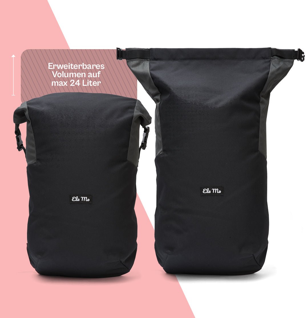 Ela Mo™ Rolltop Lite | Black. Option des Rucksacks mit erweiterbarem Volumen bis zu 24 Litern.