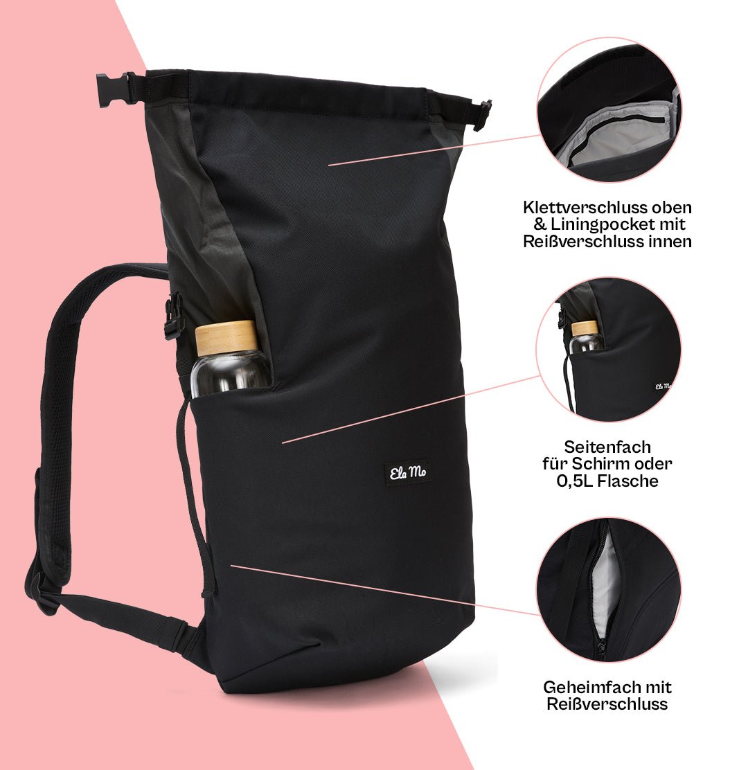 Ela Mo™ Rolltop Lite | Black. Rucksack mit Klettverschluss, Seitentasche und einem Geheimfach.