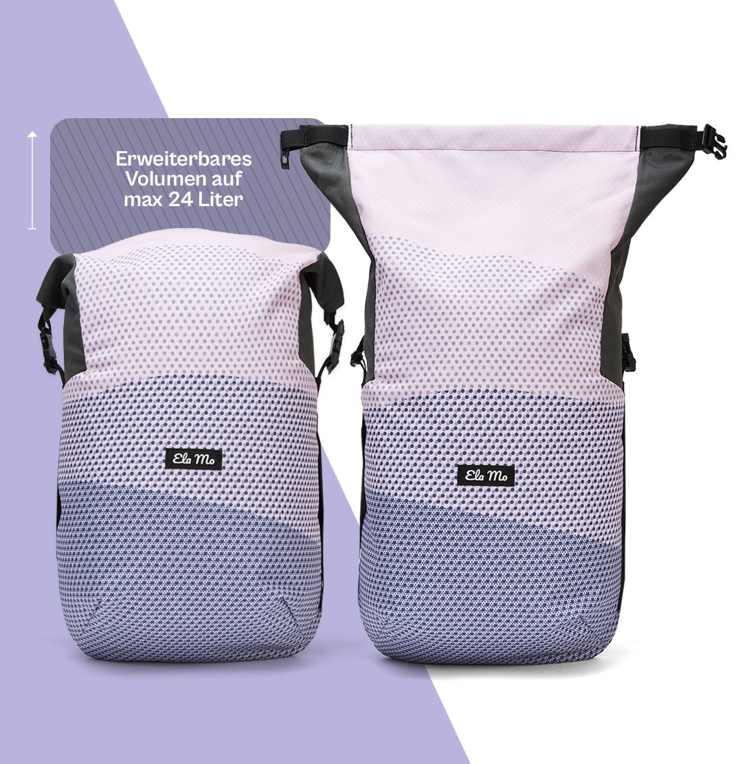 Ela Mo™ Rolltop Lite | New Horizon. Ein Rucksack in Blautönen mit der Option zur Volumenerweiterung.