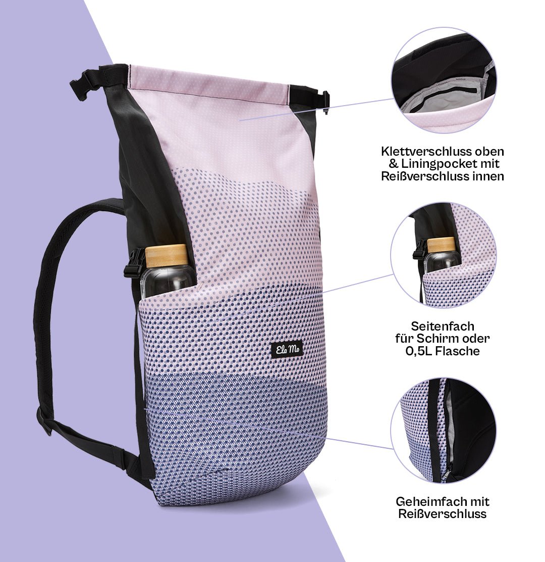 Ela Mo™ Rolltop Lite | New Horizon. Ein Rucksack in Blautönen mit Kletterverschluss, Seiten- und Geheimfach.