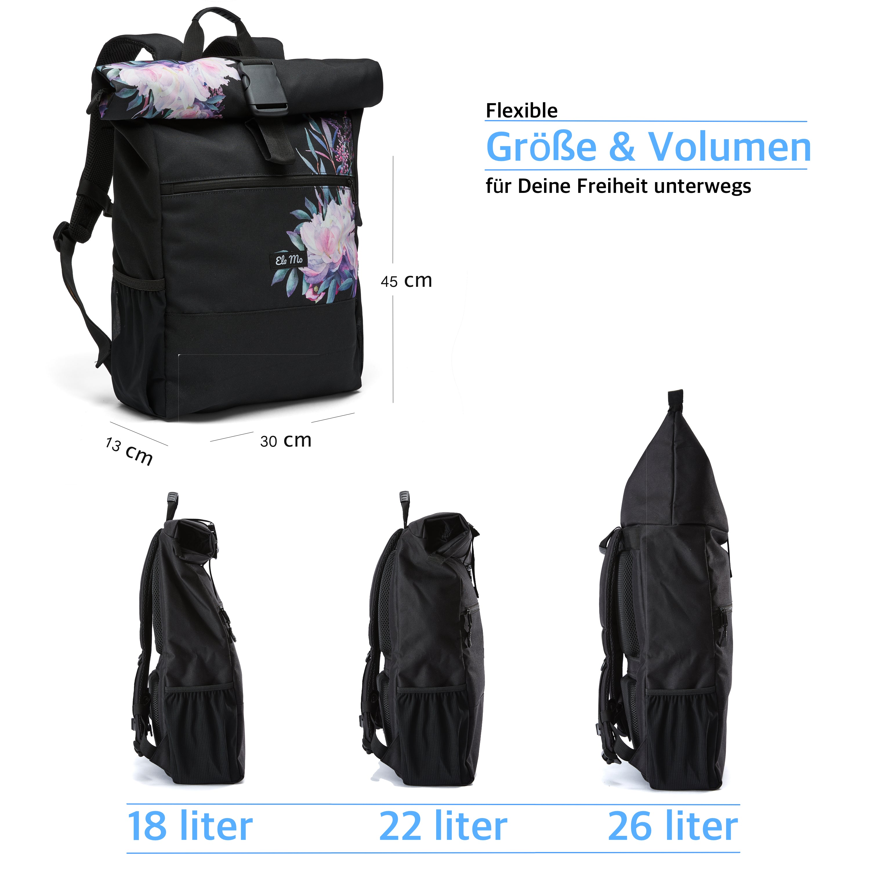 Ela Mo™ Rolltop Rucksack | Beauty in Darkness. Rucksack mit Maßangaben und drei Möglichkeiten zur Volumenerweiterung.