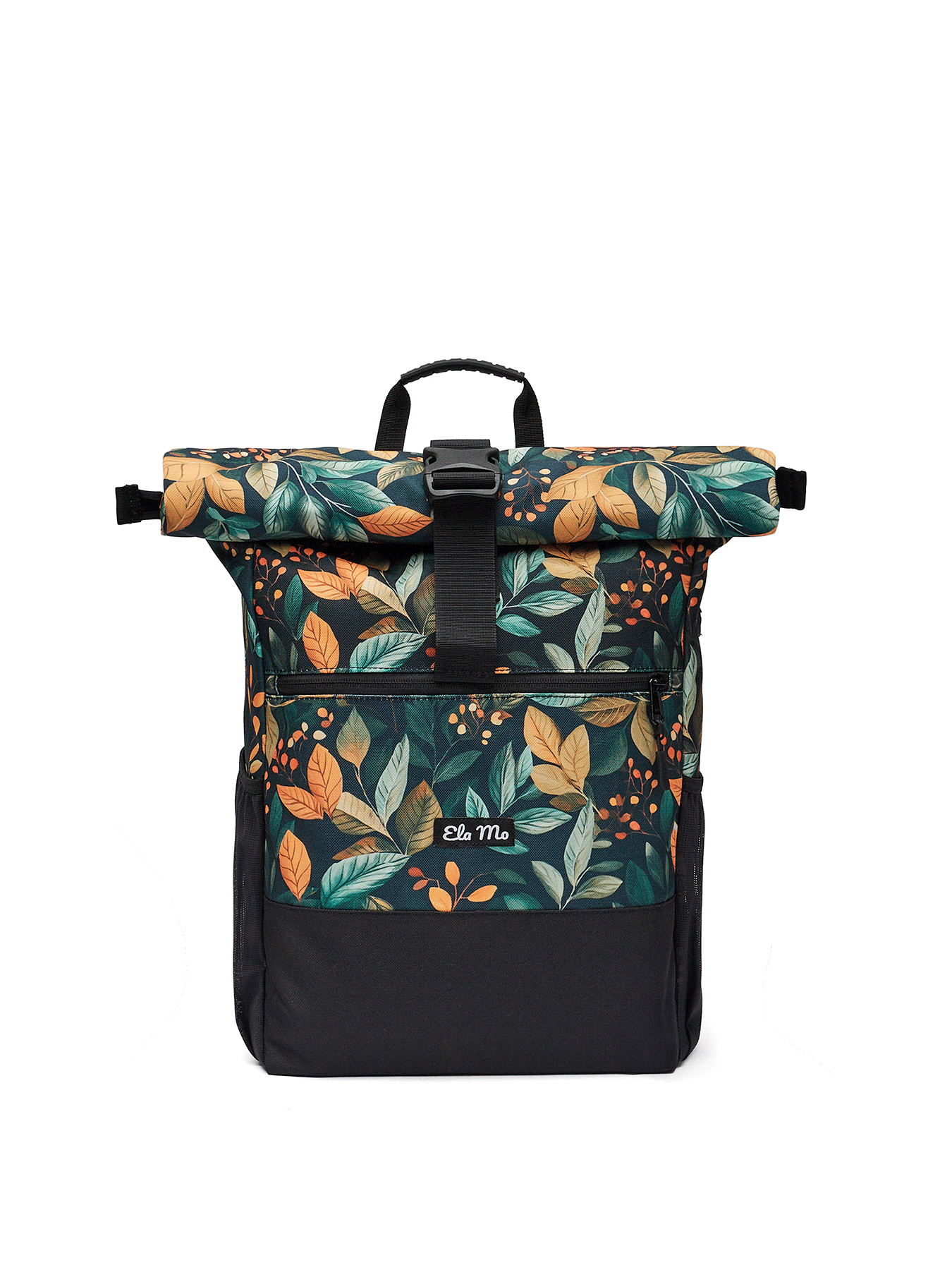 Ela Mo™ Rolltop Rucksack | Bye Bye Summer. Verschlussoptionen des floral gemusterten dunklen Rucksacks.