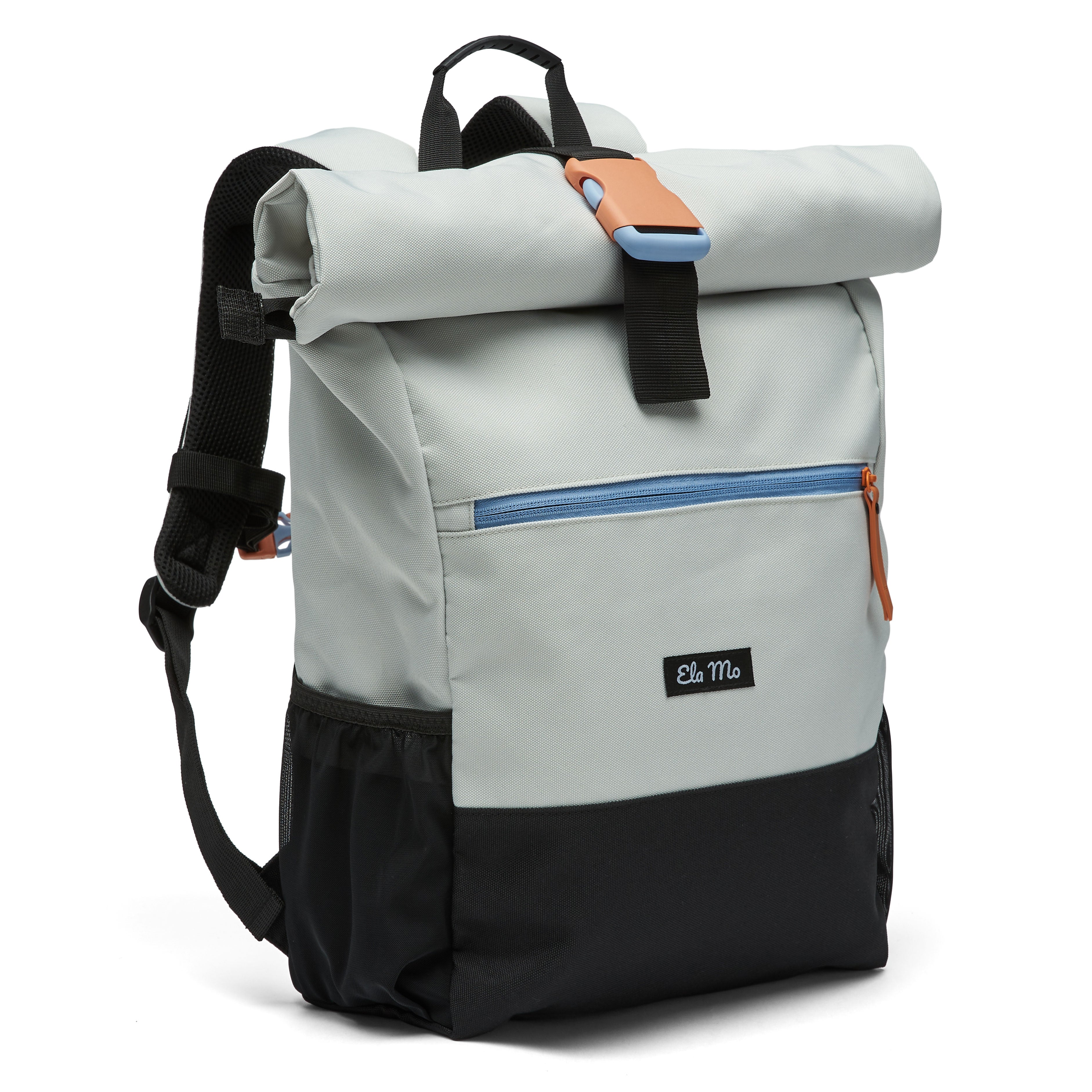 Ela Mo™ Rolltop Rucksack | Lightgrey Orange Pop. Rucksack mit seitlichem Flaschenfach und Herstellerlogo.