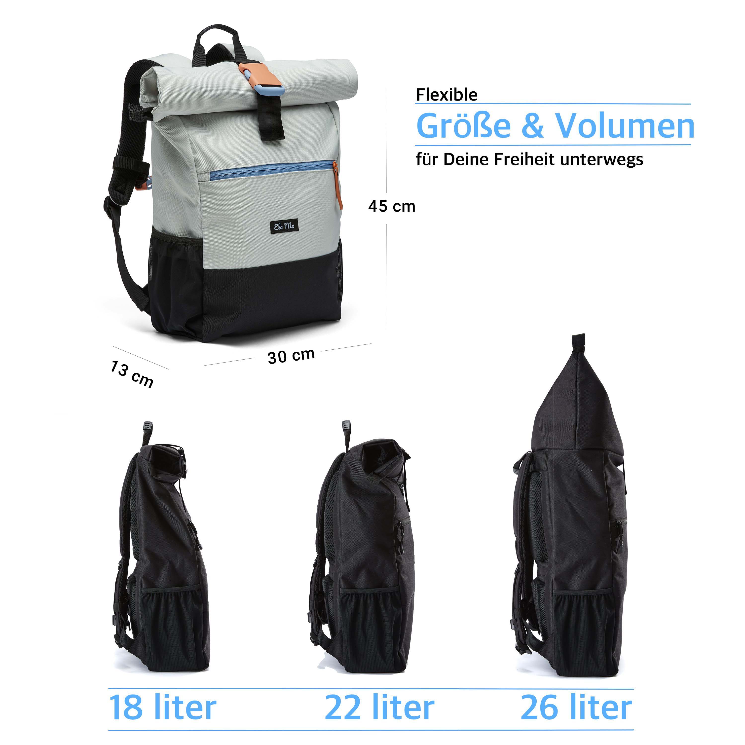 Ela Mo™ Rolltop Rucksack | Lightgrey Orange Pop. Rucksack mit Maßangaben und drei Möglichkeiten zur Volumenerweiterung.