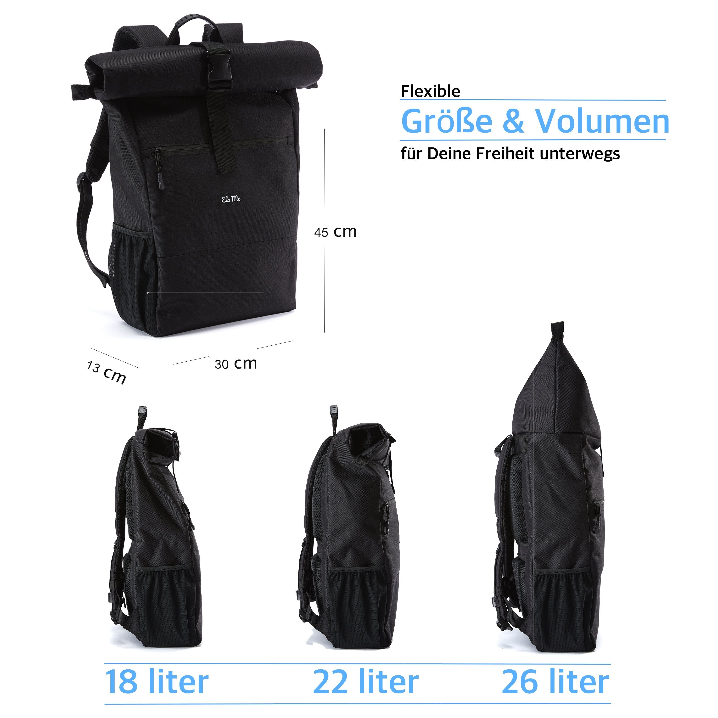Ela Mo™ Rolltop Rucksack | Black. Rucksack mit drei Möglichkeiten zur Volumenerweiterung auf weißem Hintergrund.