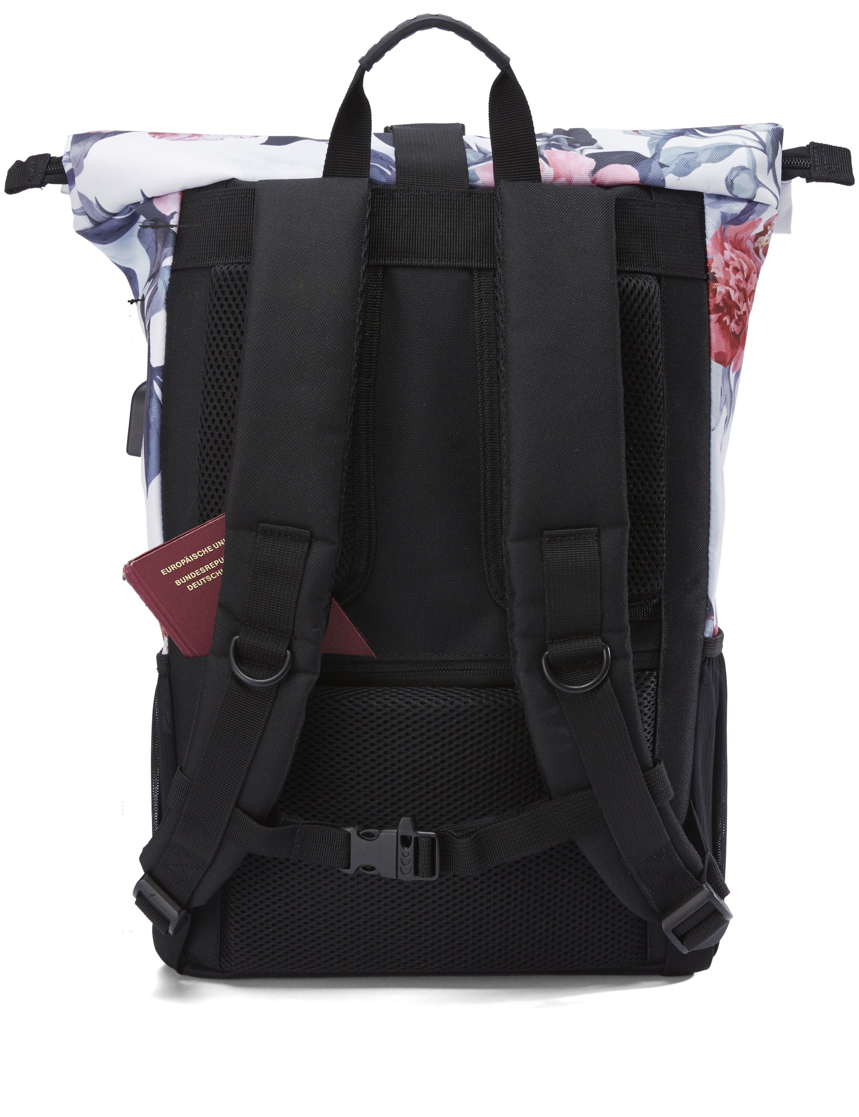 Ela Mo™ Rolltop Rucksack | Bloom! Die Rückseite des Rucksacks mit Schulterriemen und kleinem Außenfach.