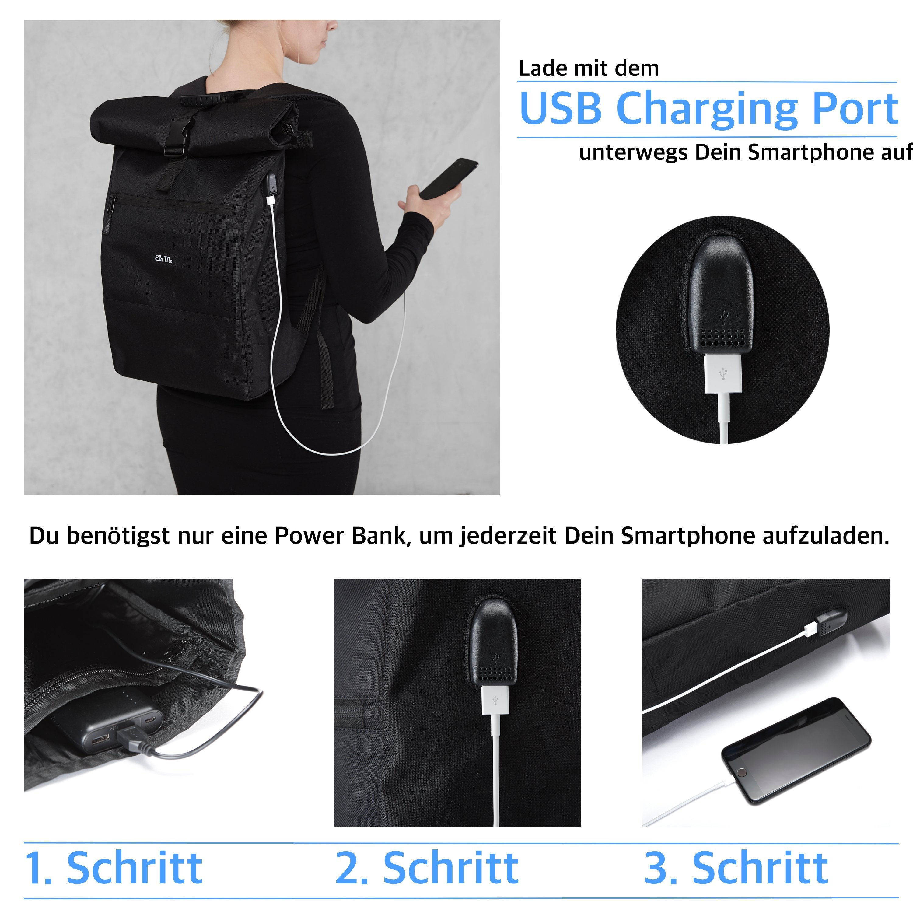 Ela Mo™ Rolltop Rucksack | Bloom! Rucksack mit Ladekabel und Anleitung zum Aufladen.