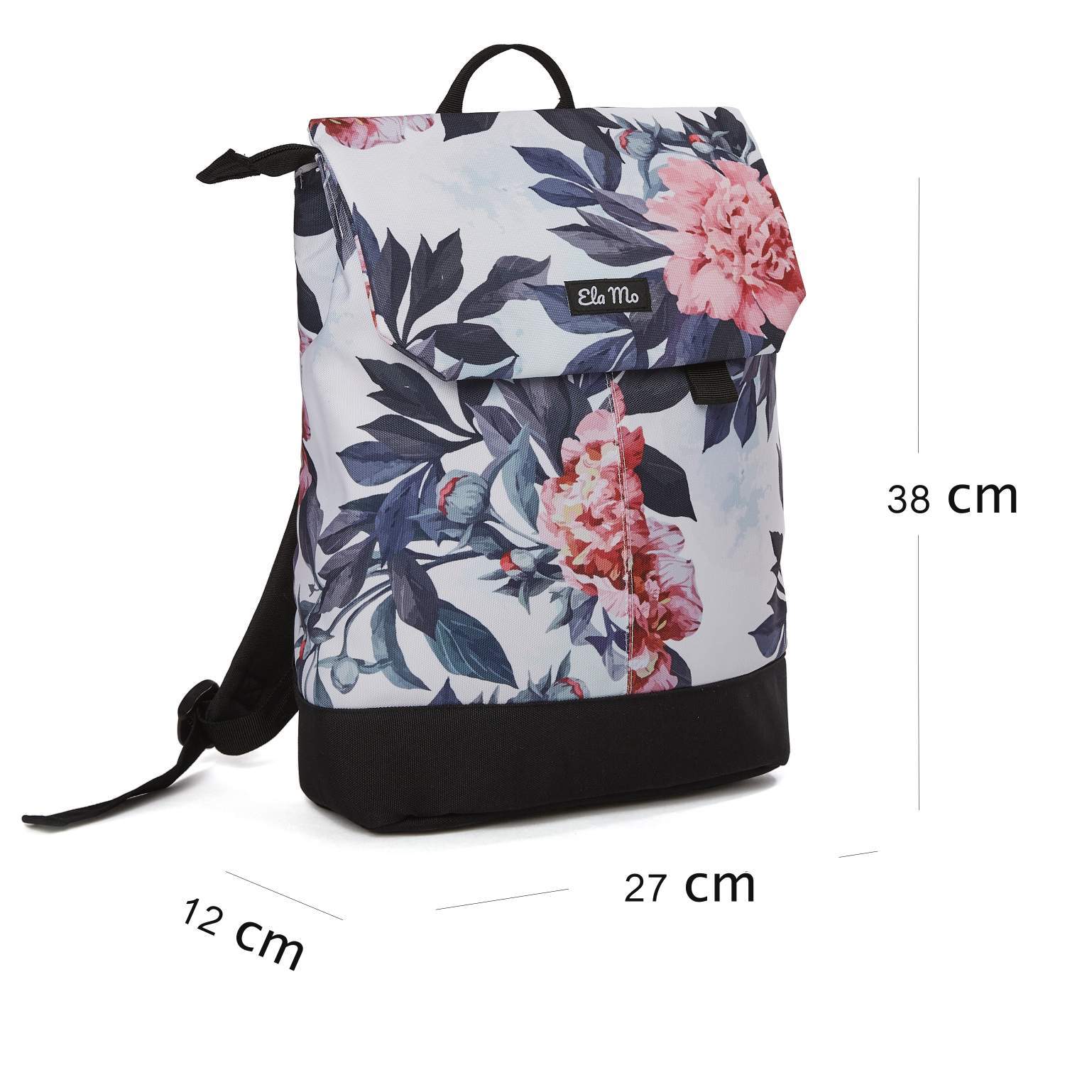 Ela Mo™ Daypack Rucksack | Bloom! Der Rucksack mit Maßangaben auf weißem Hintergrund.