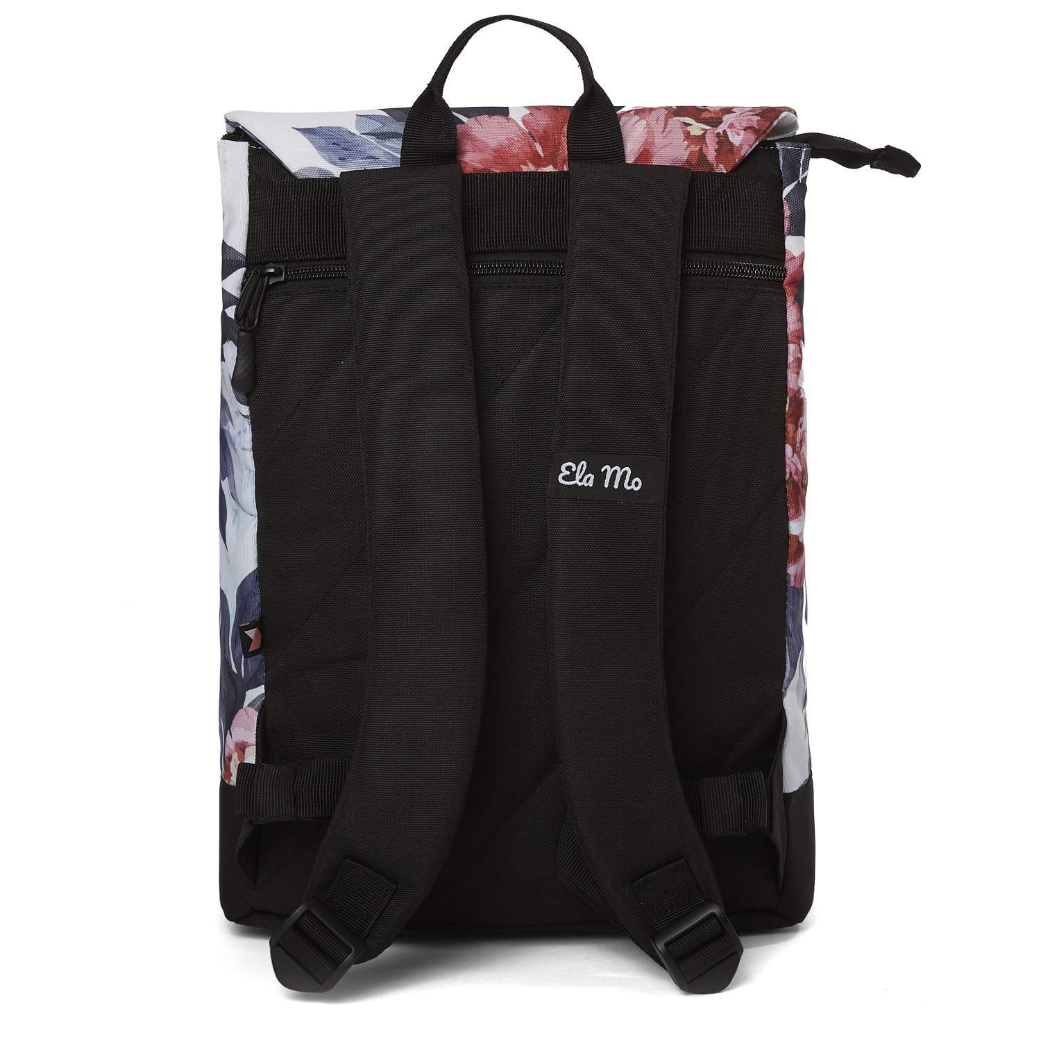 Ela Mo™ Daypack Rucksack | Bloom! Die Rückseite des Rucksacks mit bequemen Schulterriemen und kleinem Außenfach.