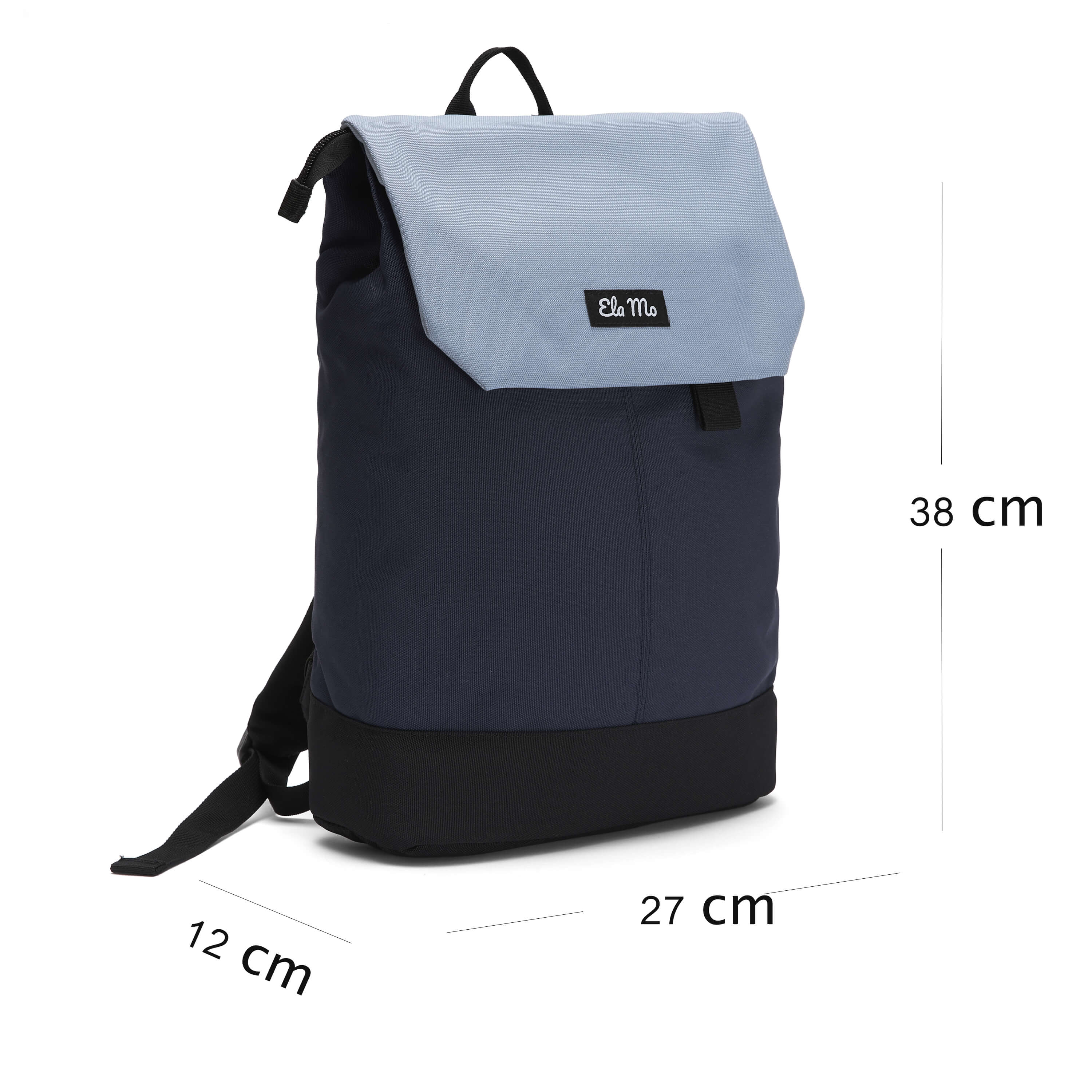 Ela Mo™ Daypack Rucksack | Nightblue. Der Rucksack mit Maßangaben auf weißem Hintergrund.