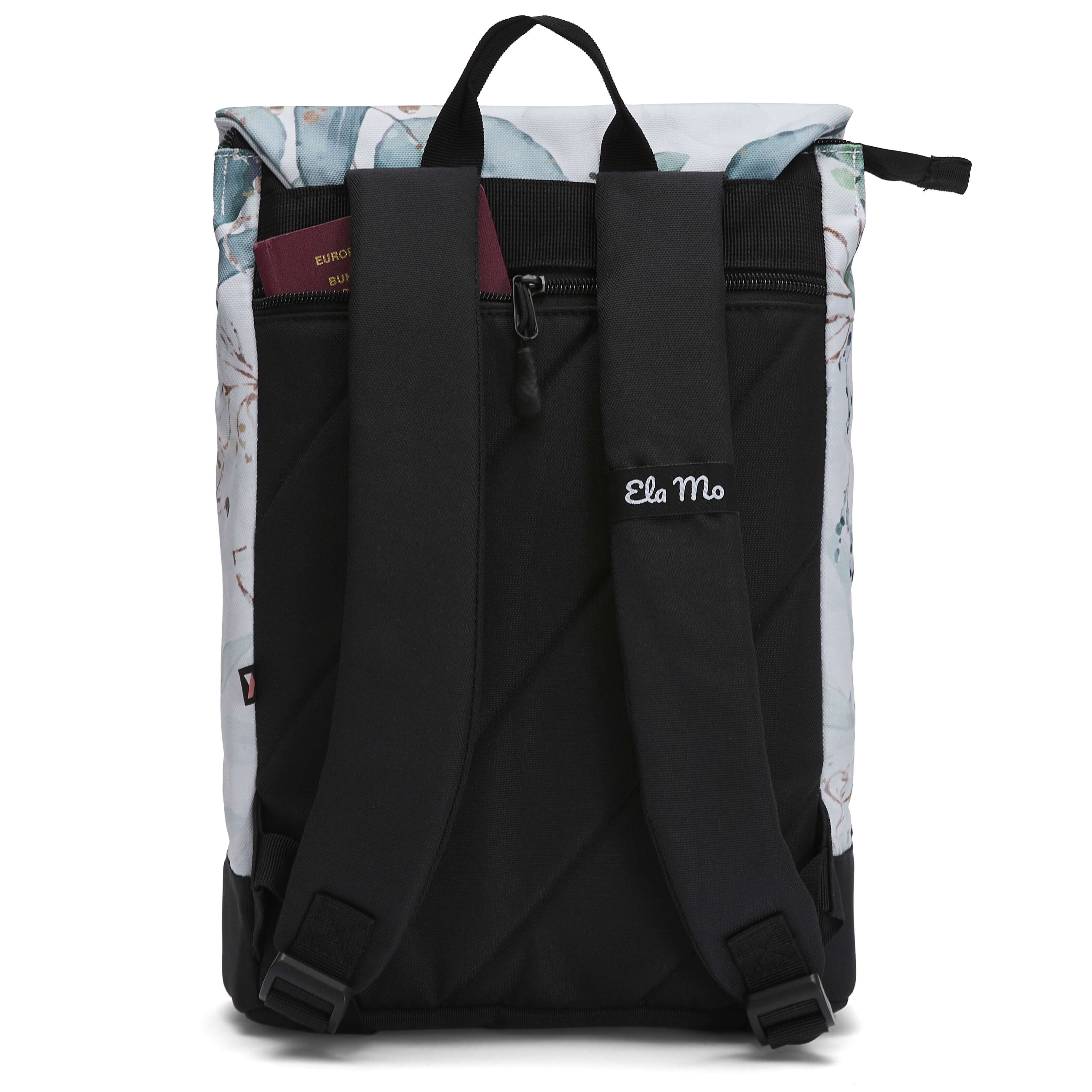 Ela Mo™ Daypack Rucksack | Waterleaf Gold. Die Rückseite des Rucksacks mit bequemen Schulterriemen und kleinem Außenfach.