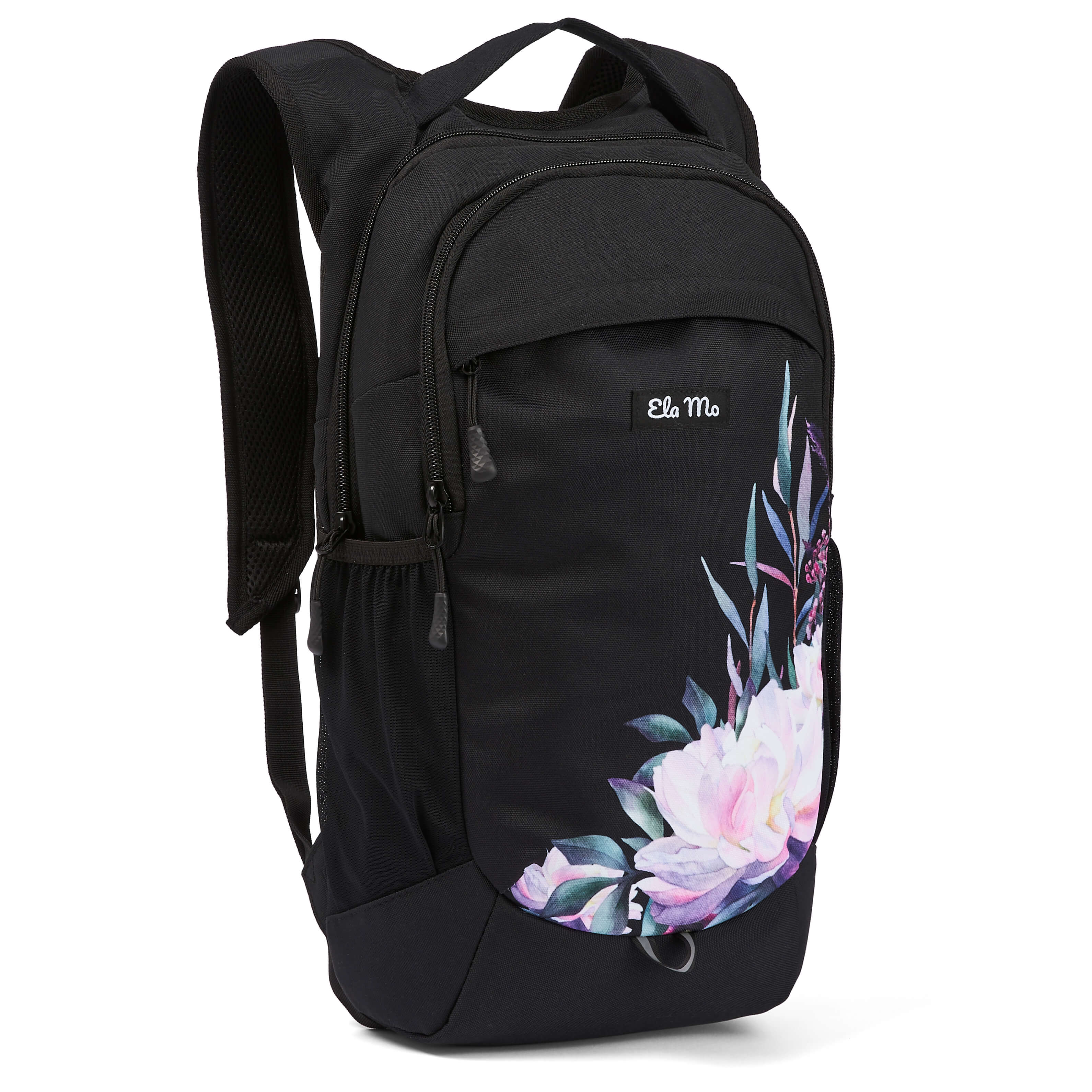 Ela Mo™ Flow Rucksack | Beauty in Darkness. Rucksack mit seitlichem Flaschenfach, Logo vorne und Reißverschluss oben