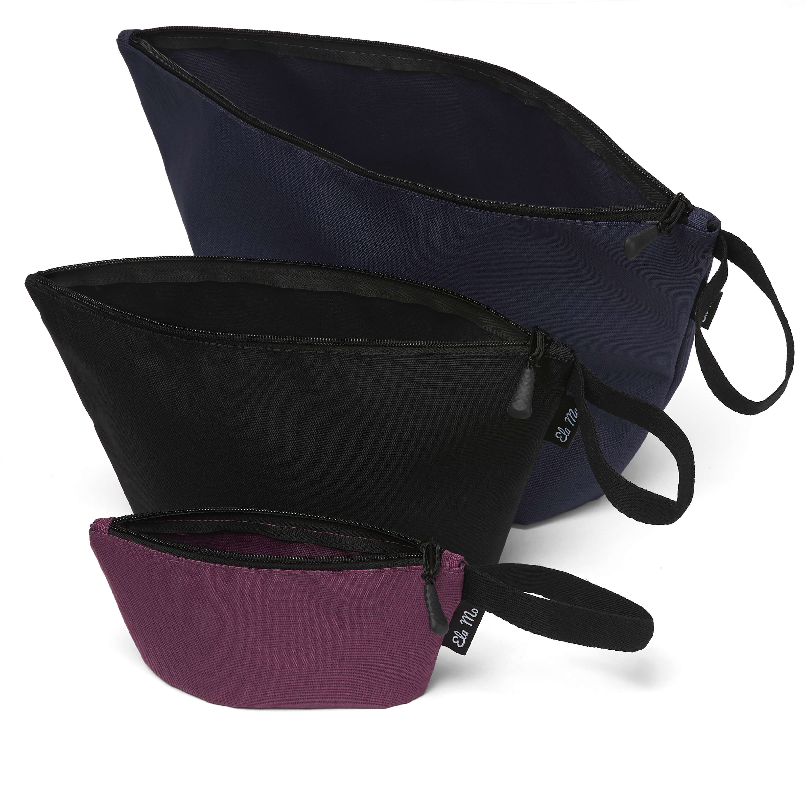 Ela Mo™ Taschen-Set für Rucksäcke | 3-teilig. rei geöffnete Taschen in verschiedenen Größen und Farben, innen schwarz.