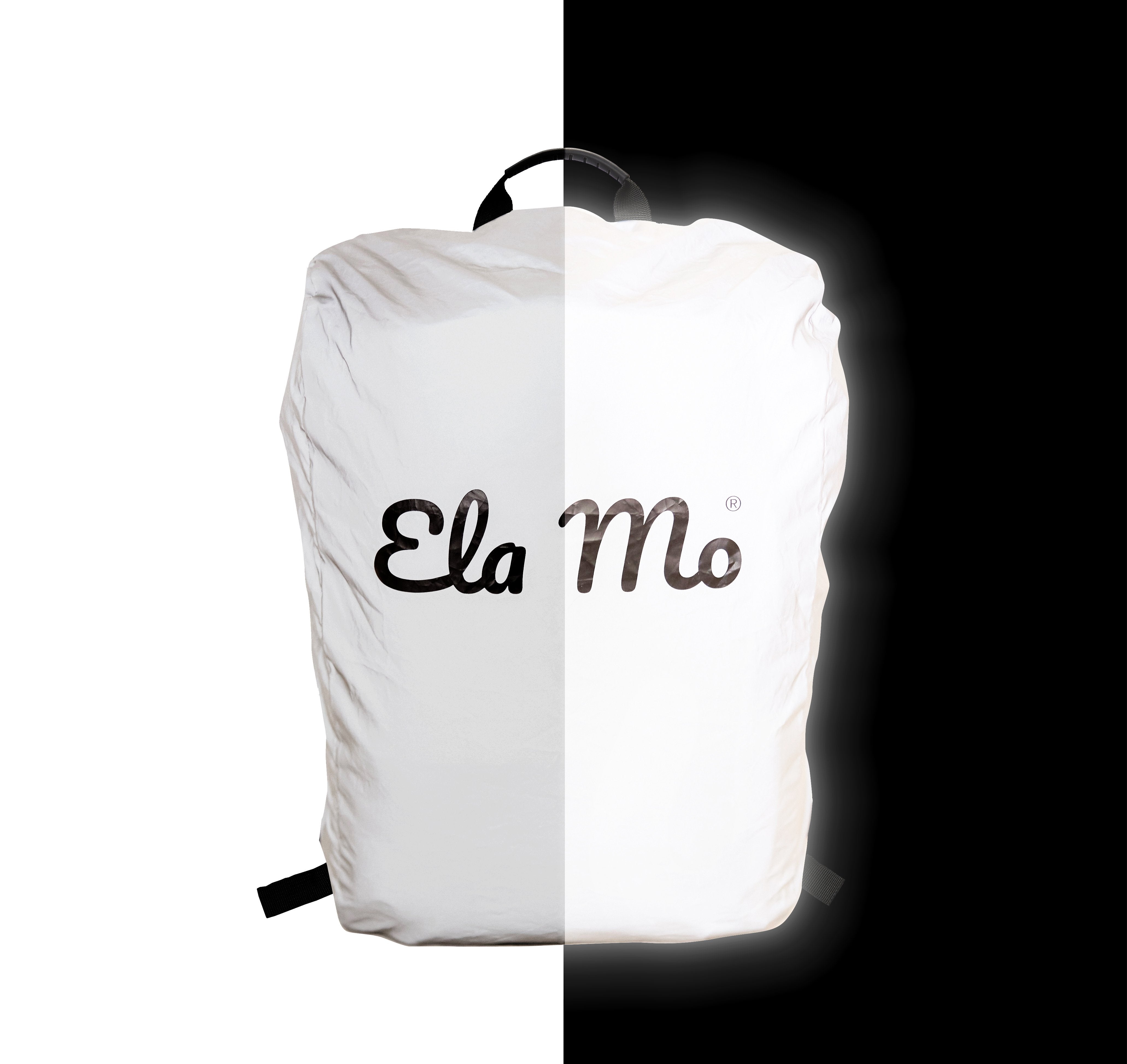 Ela Mo™ Rucksack Regenschutz. Ein reflektierender Regenschutz für Rucksack mit Herstellerlogo in der MItte.