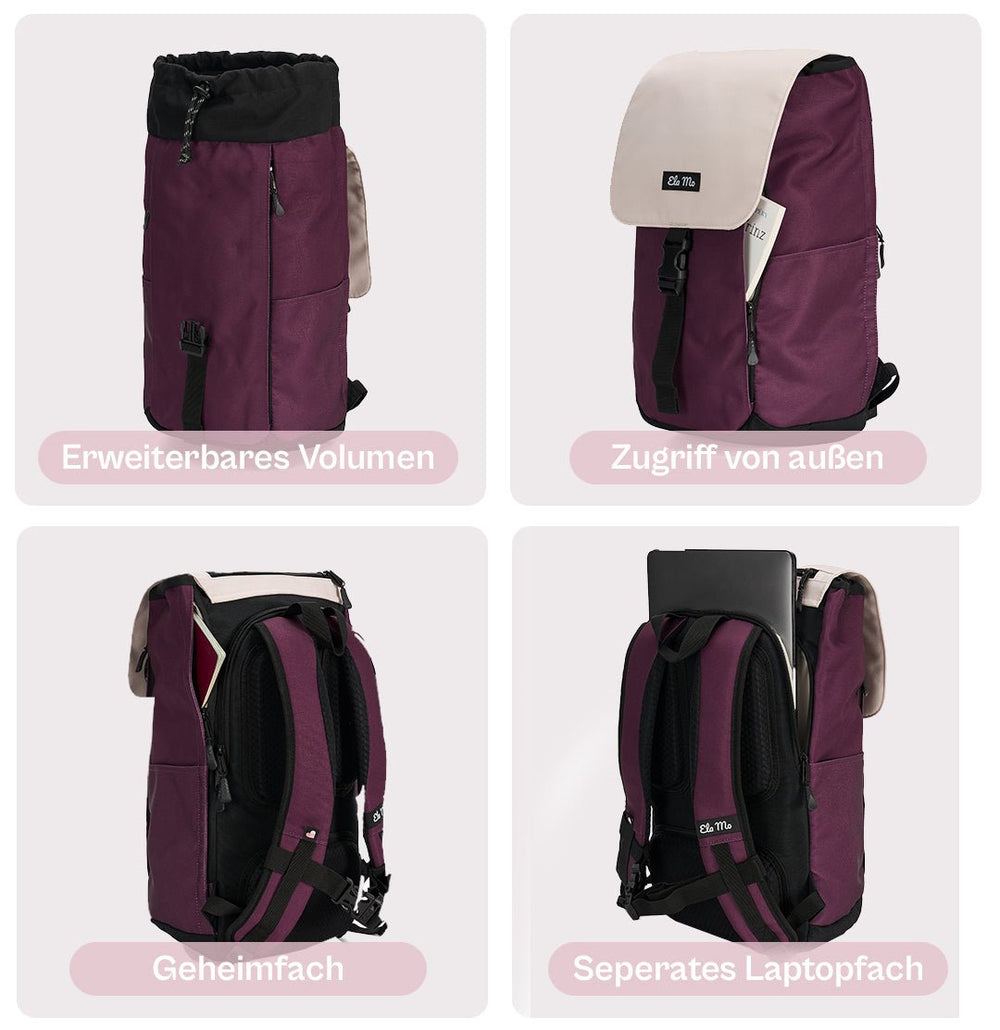 Ela Mo™ Everywhere Daypack | Grape. Die dunkellilafarbener Rucksäcke mit beigem Deckel und vielen praktischen Fächern.