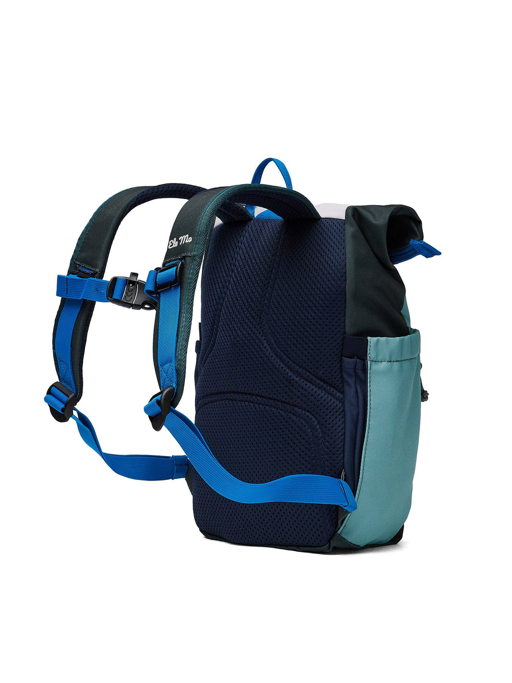Ela Mo™ Kinderrucksack (6-10 Jahre) | Blue Mint. Die Rückseite des blauen Rucksacks auf weißem Hintergrund.