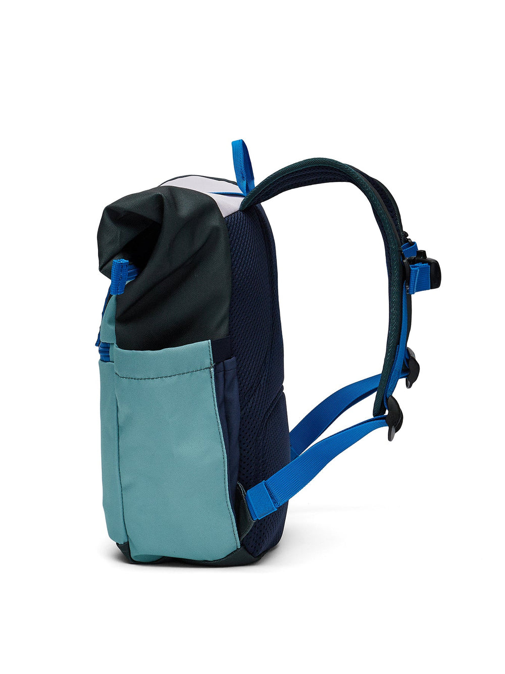 Ela Mo™ Kinderrucksack (6-10 Jahre) | Blue Mint. Ein blauer Rucksack auf weißem Hintergrund, seitlich gesehen.