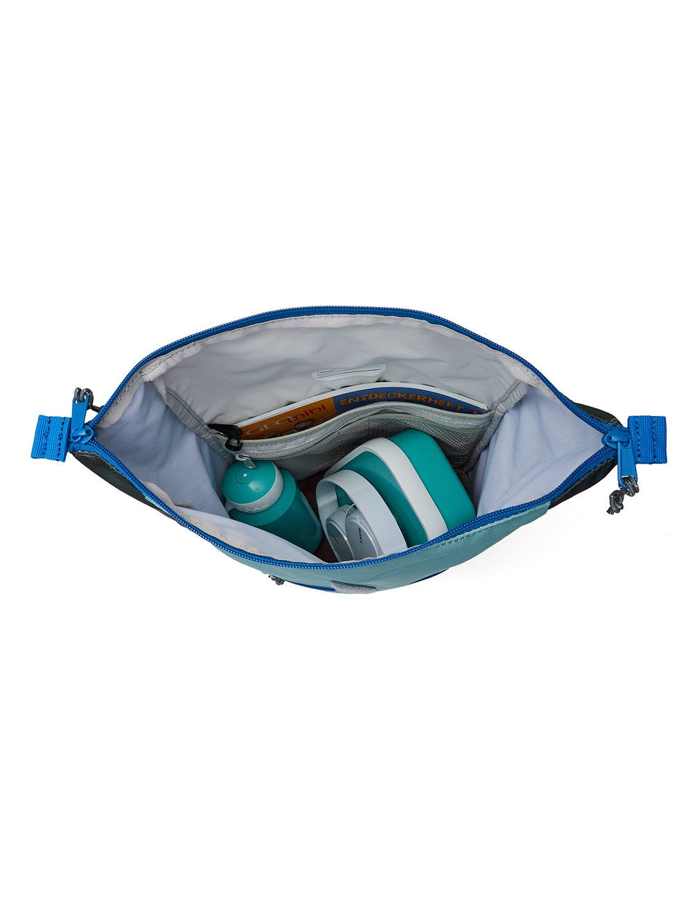 Ela Mo™ Kinderrucksack (6-10 Jahre) | Blue Mint. Ein geöffneter blauer Rucksack mit Schulsachen im Inneren.