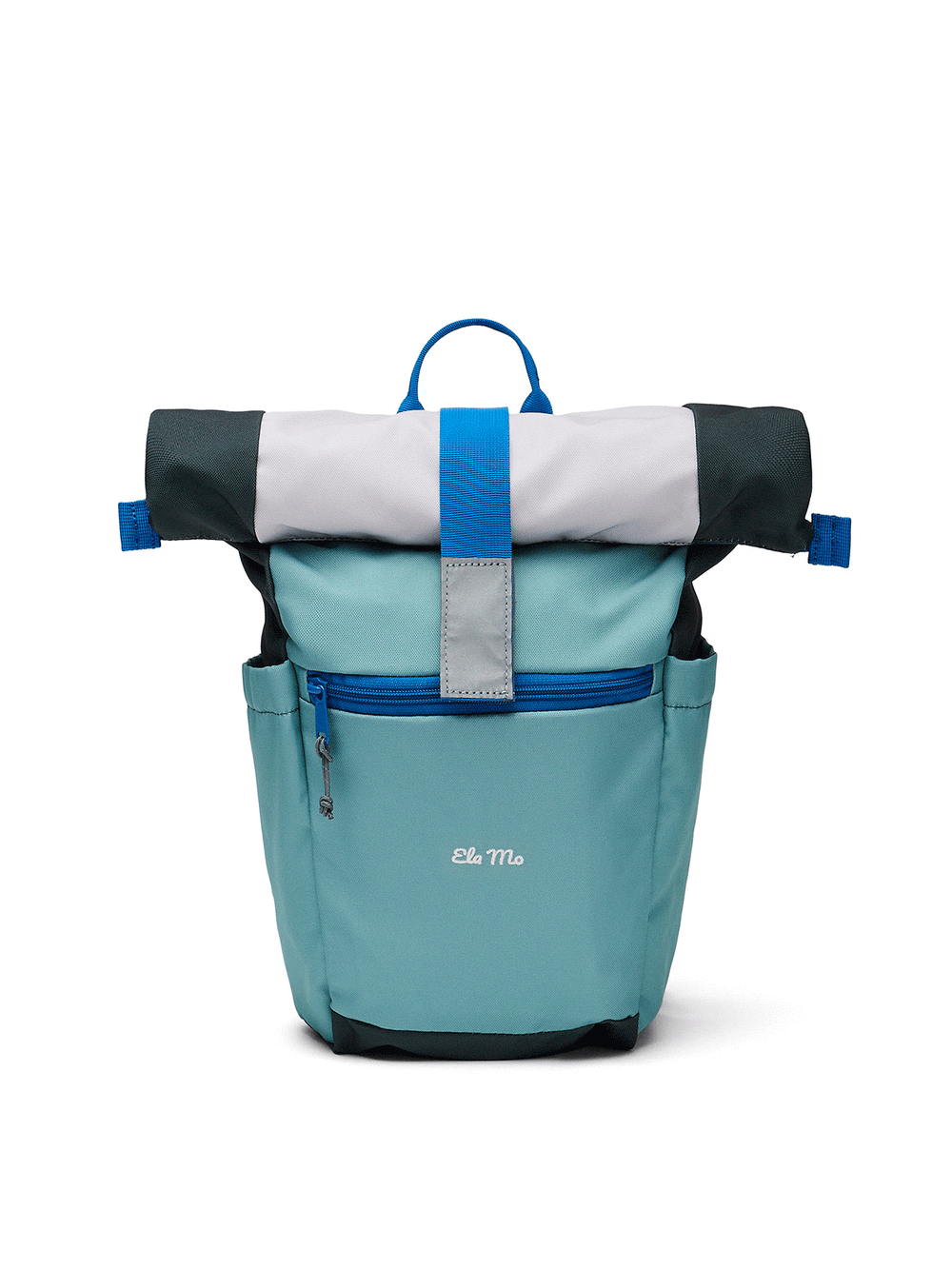 Ela Mo™ Kinderrucksack (6-10 Jahre) | Blue Mint. Ein blauer Rucksack mit Öffnungsmöglichkeiten auf weißem Hintergrund.