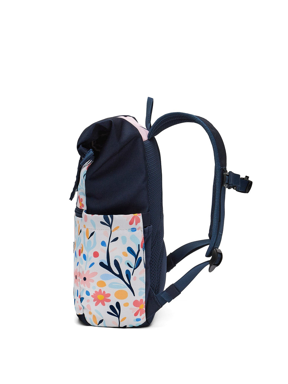 Ela Mo™ Kinderrucksack (6-10 Jahre) | Pastel Land.Floral gemusterter Rucksack, Seitenansicht mit Henkel- und Schulterriemen.
