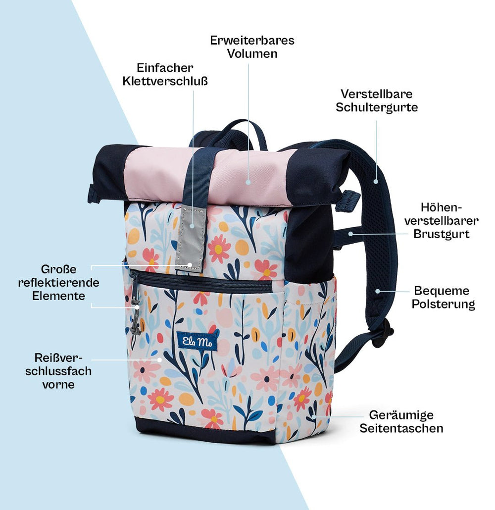 Ela Mo™ Kinderrucksack (6-10 Jahre) | Pastel Land. Ein floral gemusterter Rucksack mit vielen praktischen Details.