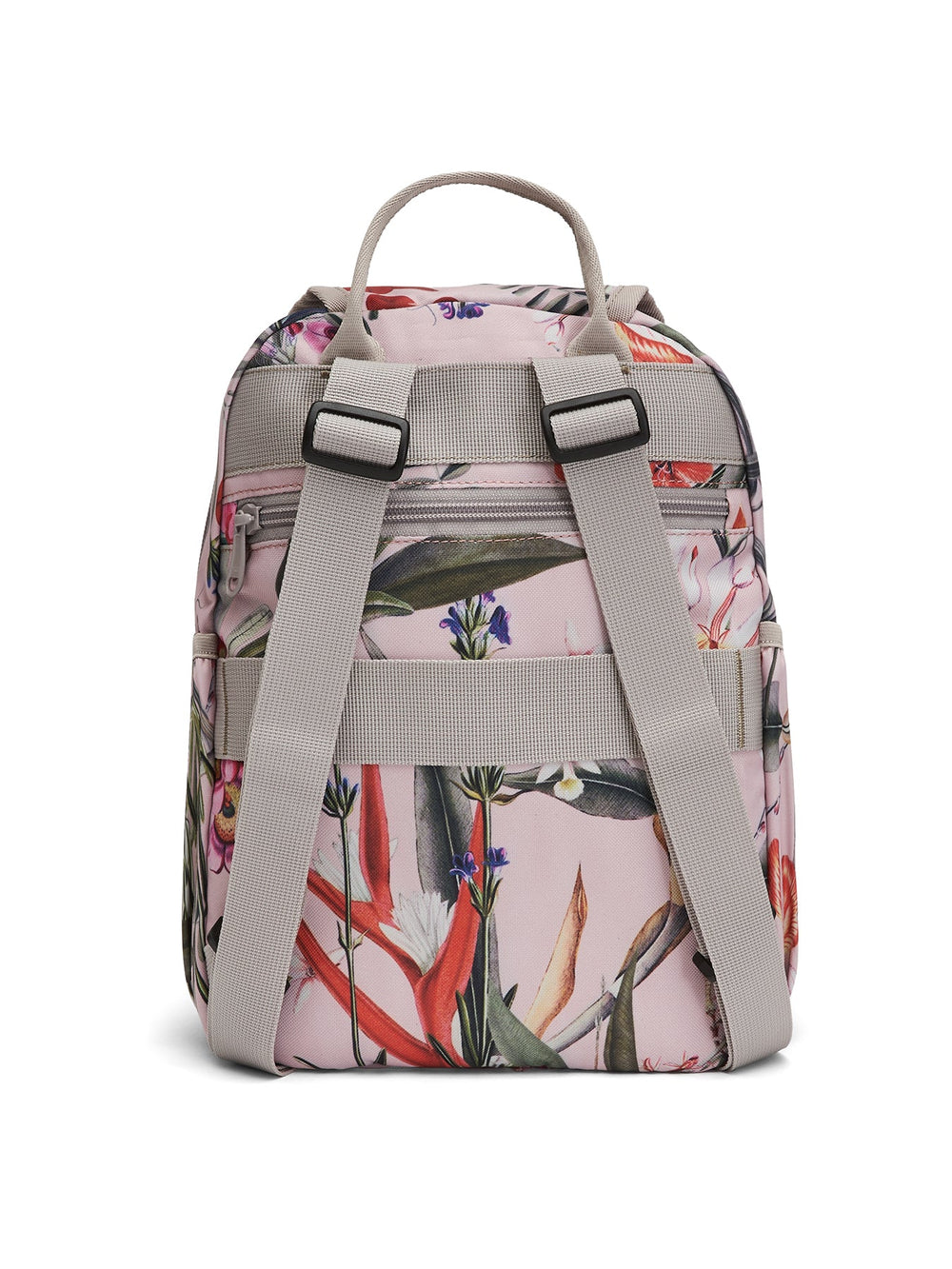 Ela Mo™ Mini Rucksack | Luxe. Die Rückseite des floral gemusterten Rucksacks mit Außenfach und Schulterriemen.