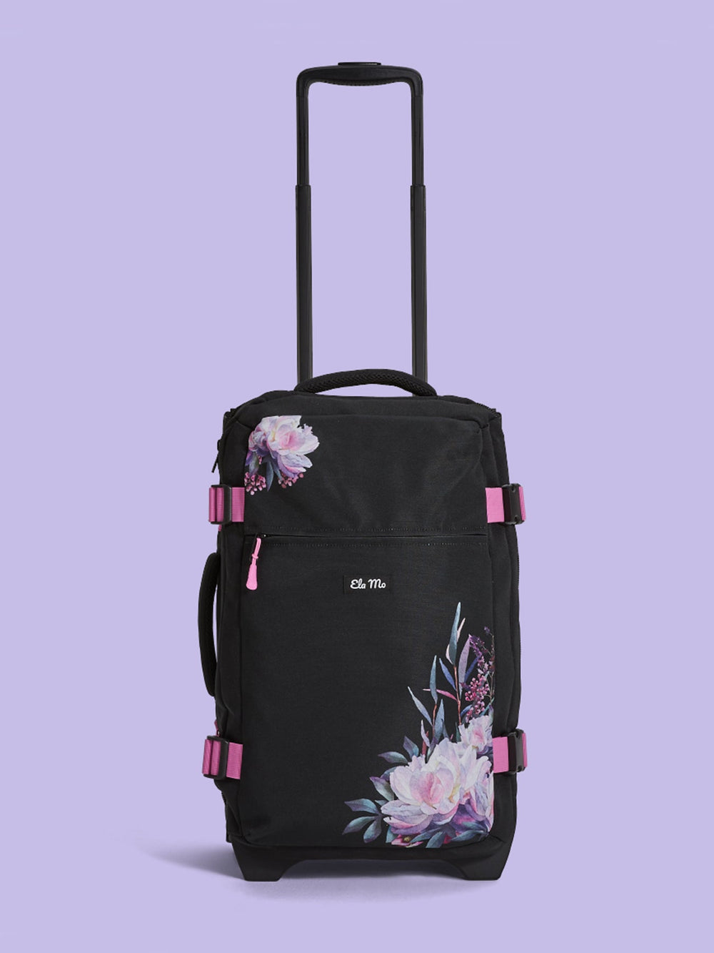 Ela Mo™ Reisetasche mit Rollen 42 Liter | Beauty in Darkness. Eine Reisetasche mit hochgezogenem Griff und Außenfach.