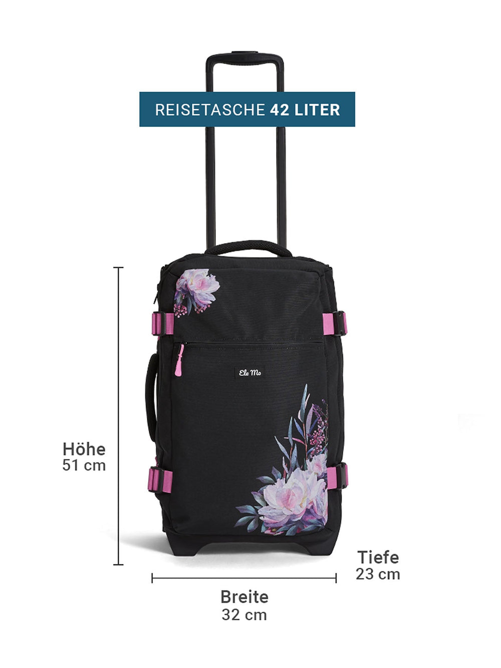 Ela Mo™ Reisetasche mit Rollen 42 Liter | Beauty in Darkness. Reisetasche mit Maßangaben auf weißem Hintergrund.