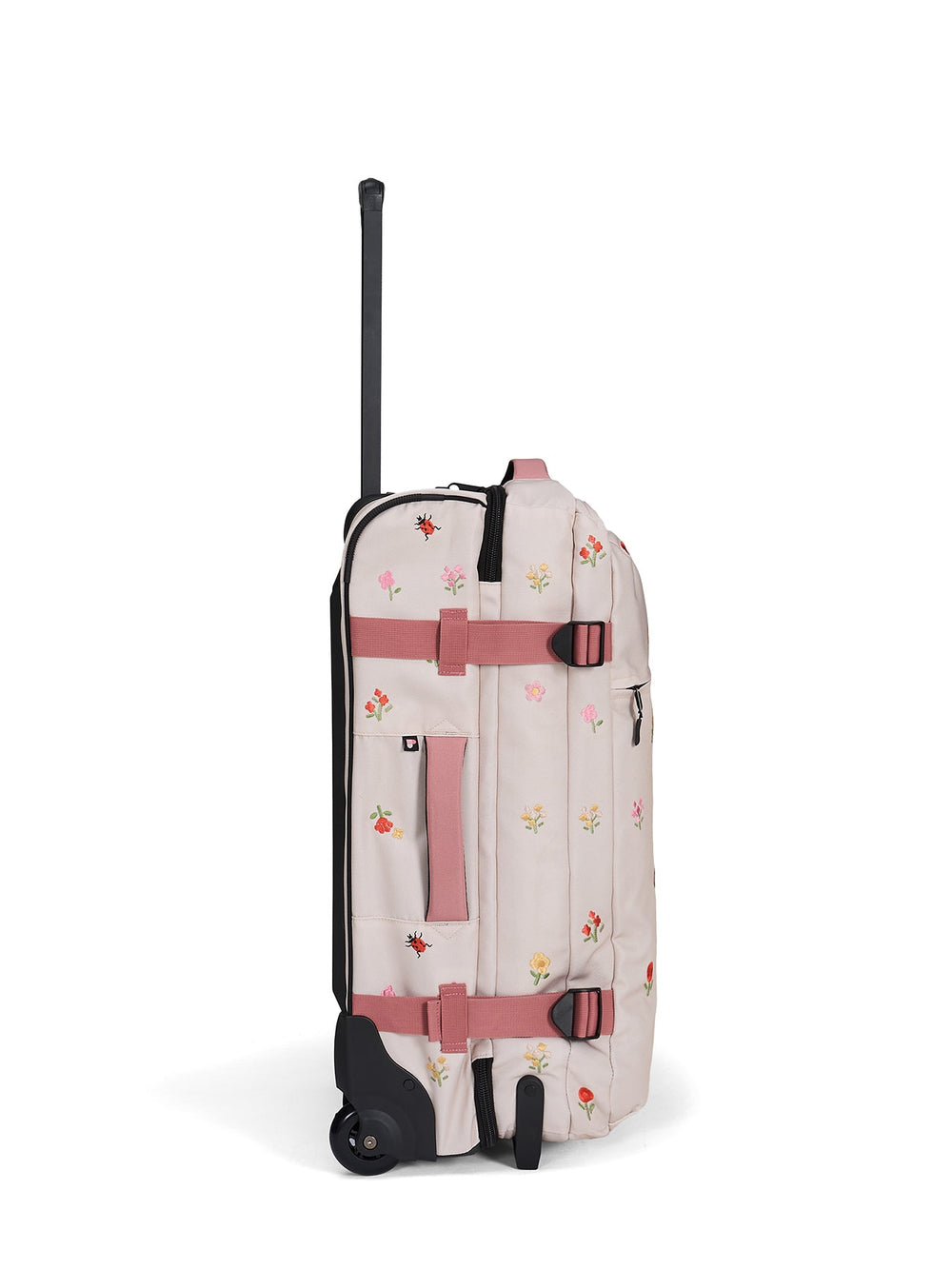 Ela Mo™ Reisetasche mit Rollen 42 Liter | Embroidery Edition Losy.Seitenansicht der geblümten Tasche mit hochgezogenem Griff