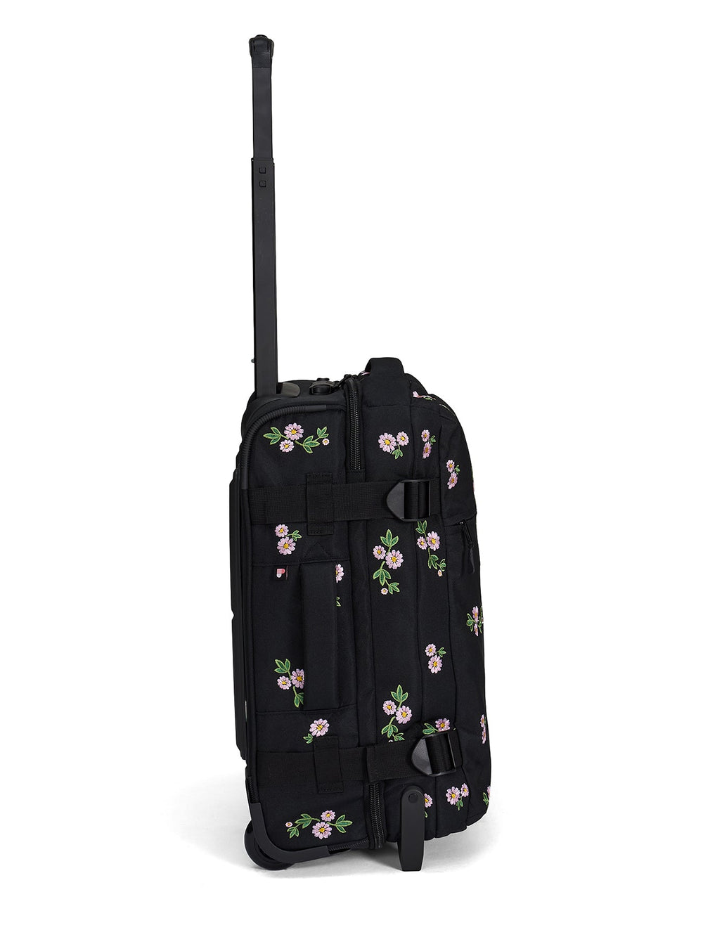 Ela Mo™ Reisetasche mit Rollen 42 Liter | Embroidery Edition Upsy Daisy. Linke Seite der floral gemusterten Tasche.