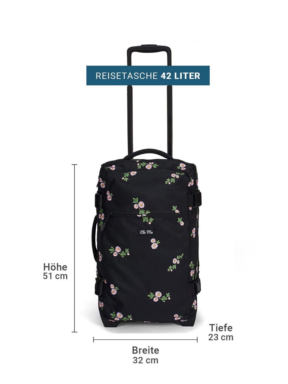 Ela Mo™ Reisetasche mit Rollen 42 Liter | Embroidery Edition Upsy Daisy. Schwarze Tasche mit floralem Muster und Maßangaben.