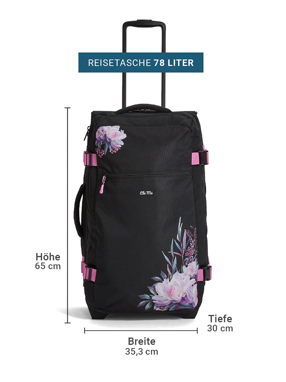Ela Mo™ Reisetasche mit Rollen 78 Liter | Beauty in Darkness. Reisetasche mit Maßangaben auf weißem Hintergrund.