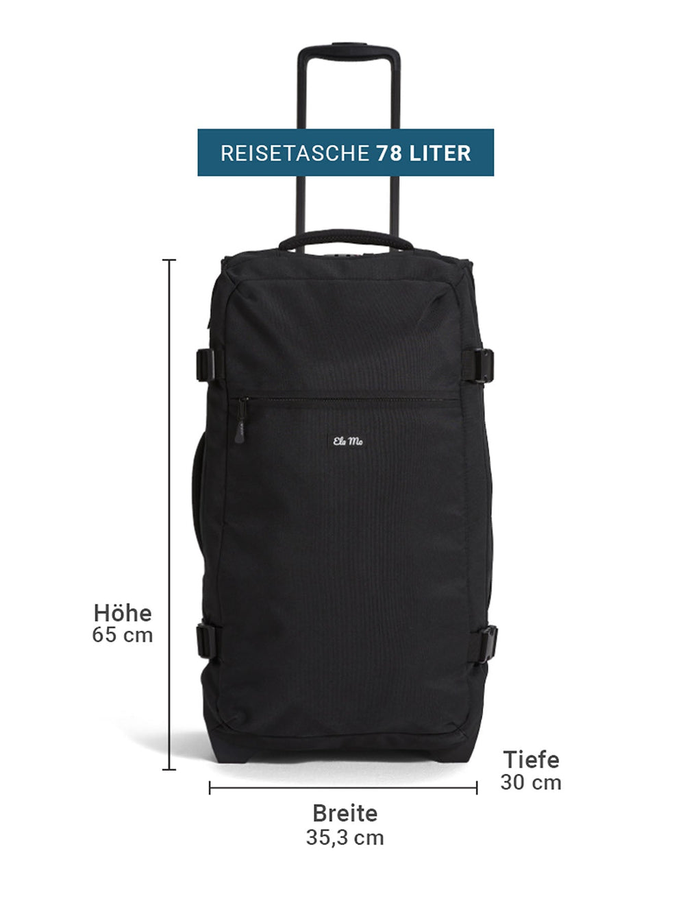 Ela Mo™ Reisetasche mit Rollen 78 Liter | Black. Reisetasche mit Maßangaben auf weißem Hintergrund.
